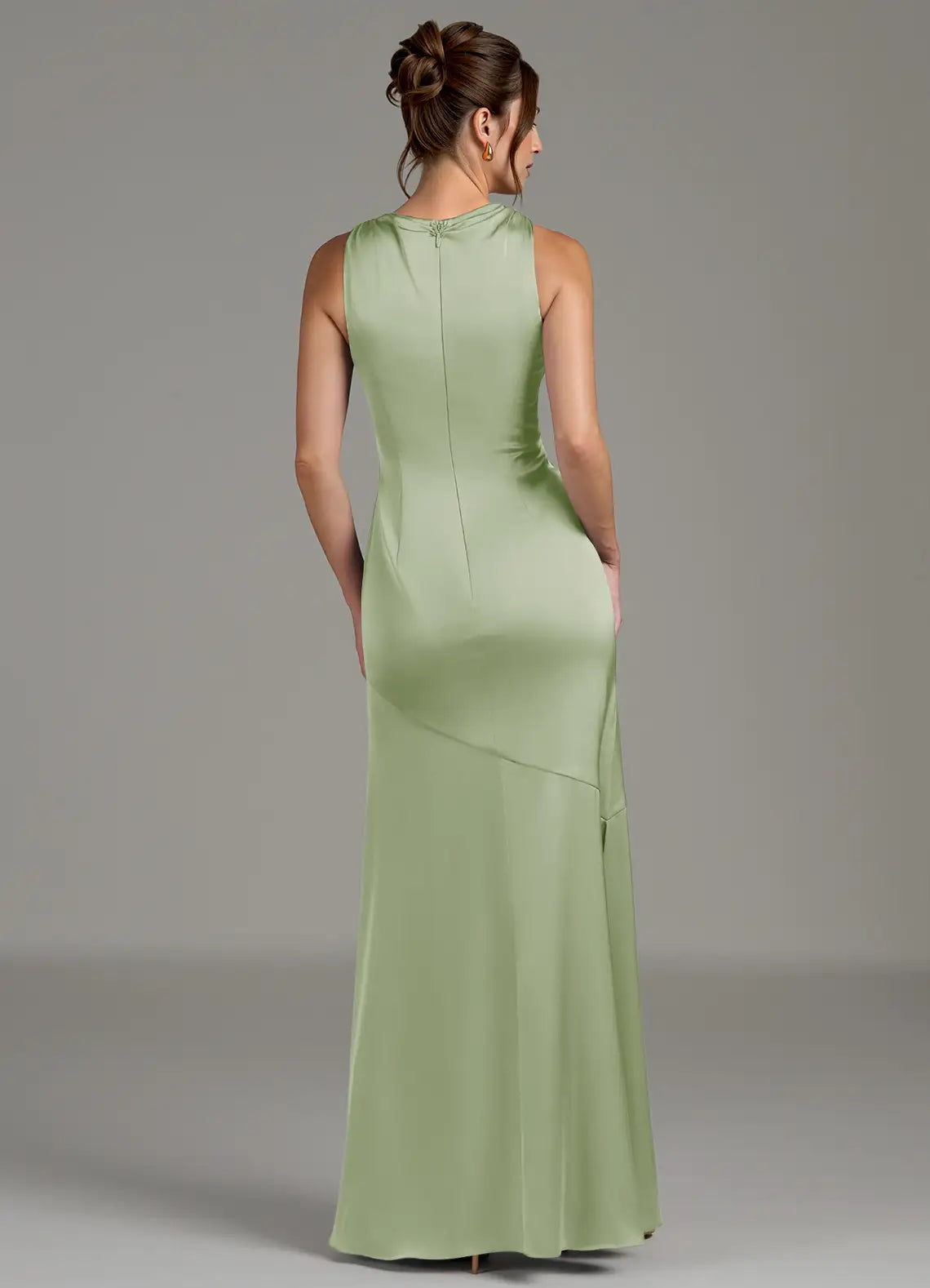 Sage Sleeveless Draped Mock Neck High Slit Mermaid Satin Maxi Bridesmaid Dress