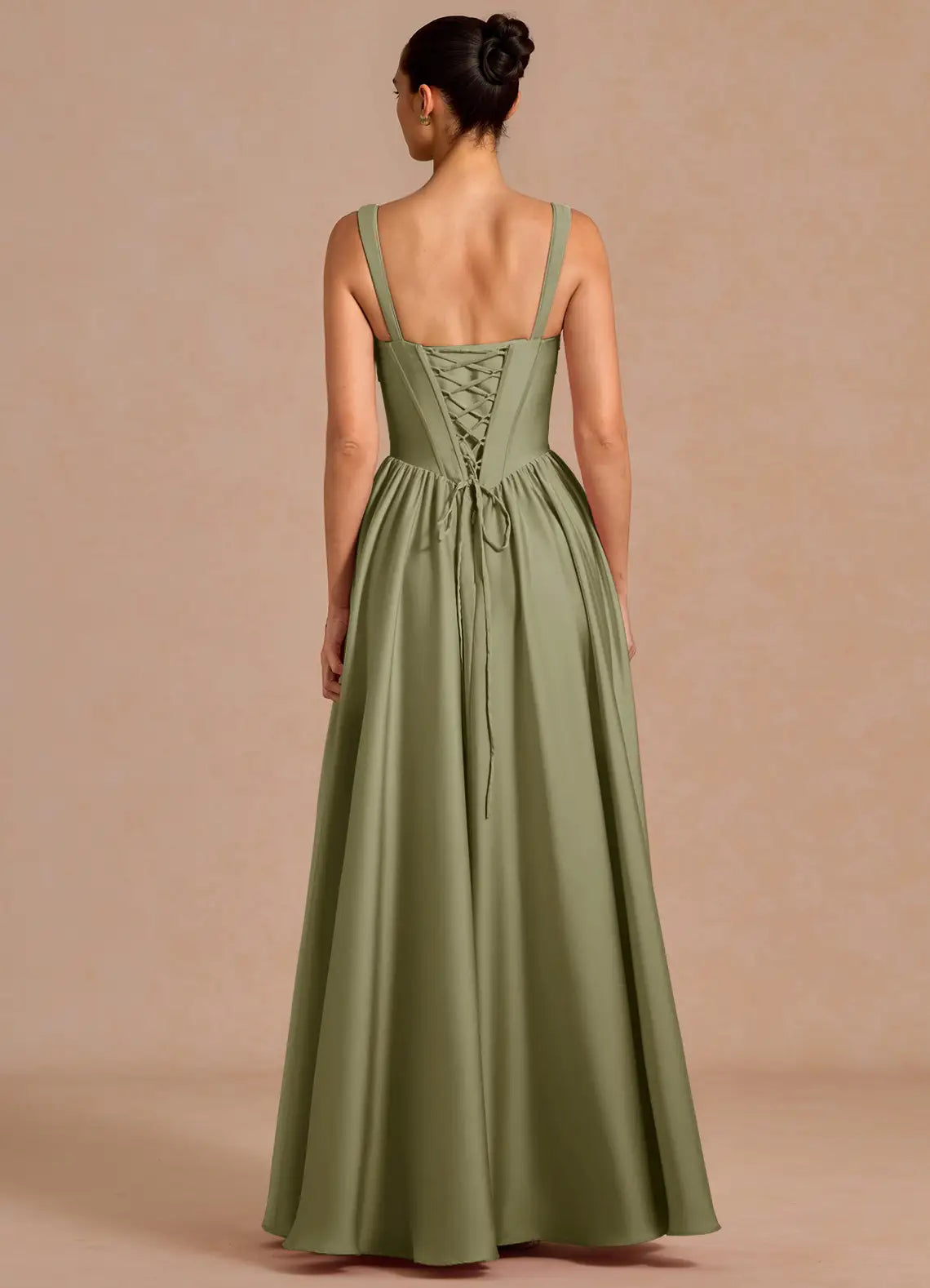 Sage Spaghetti Square Corset Lace Up Back High Slit Maxi Satin Wedding Guest Dress