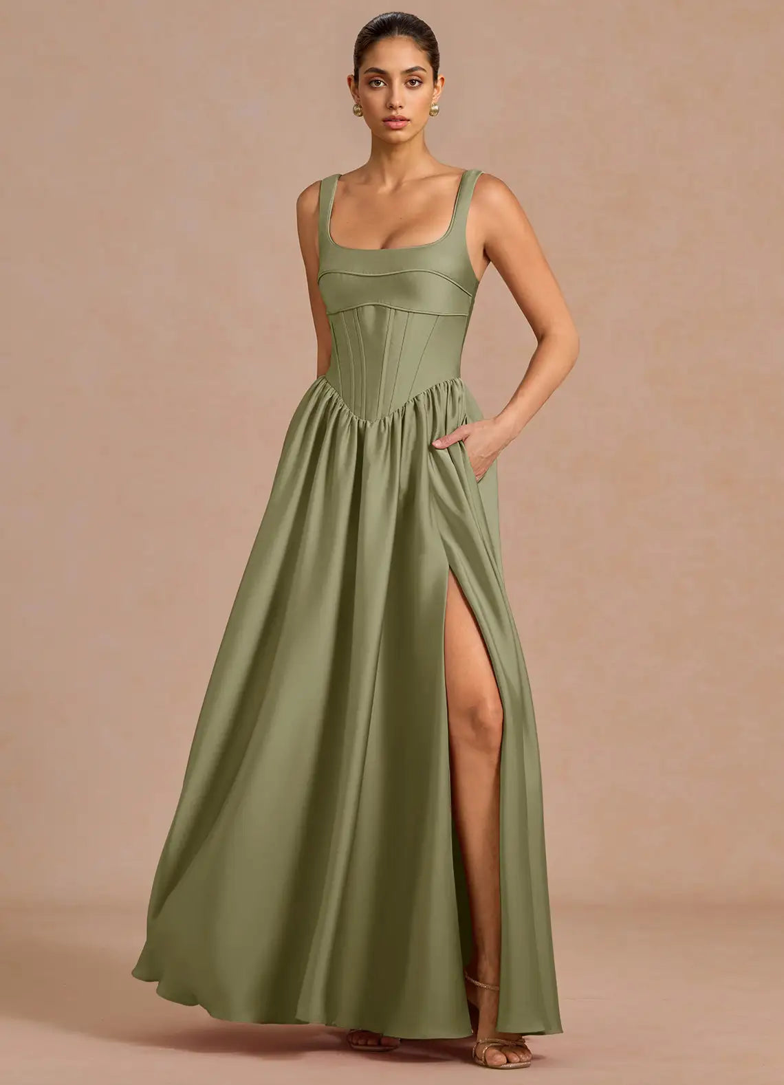 Sage Spaghetti Square Corset Lace Up Back High Slit Maxi Satin Wedding Guest Dress
