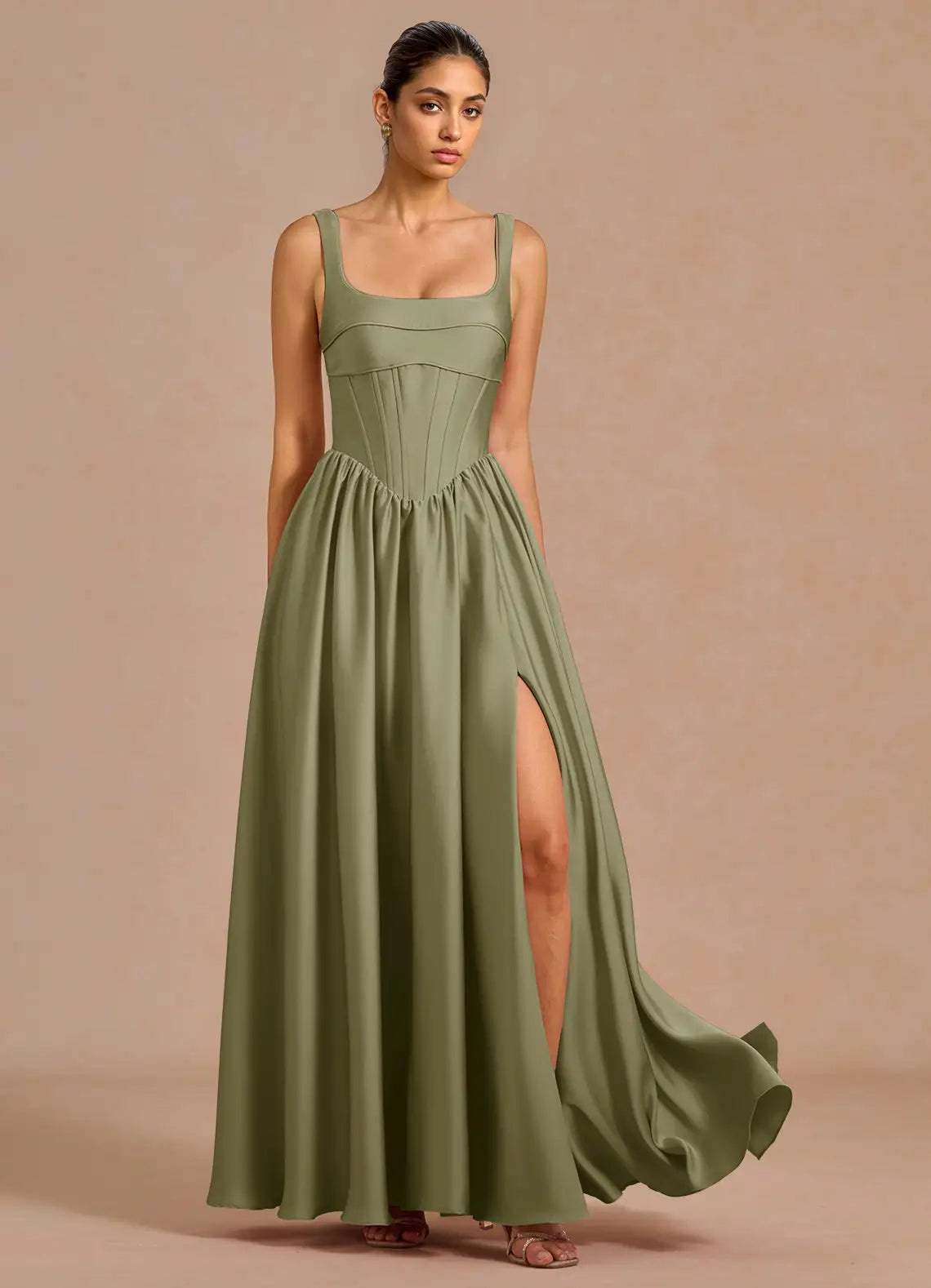 Sage Spaghetti Square Corset Lace Up Back High Slit Maxi Satin Wedding Guest Dress