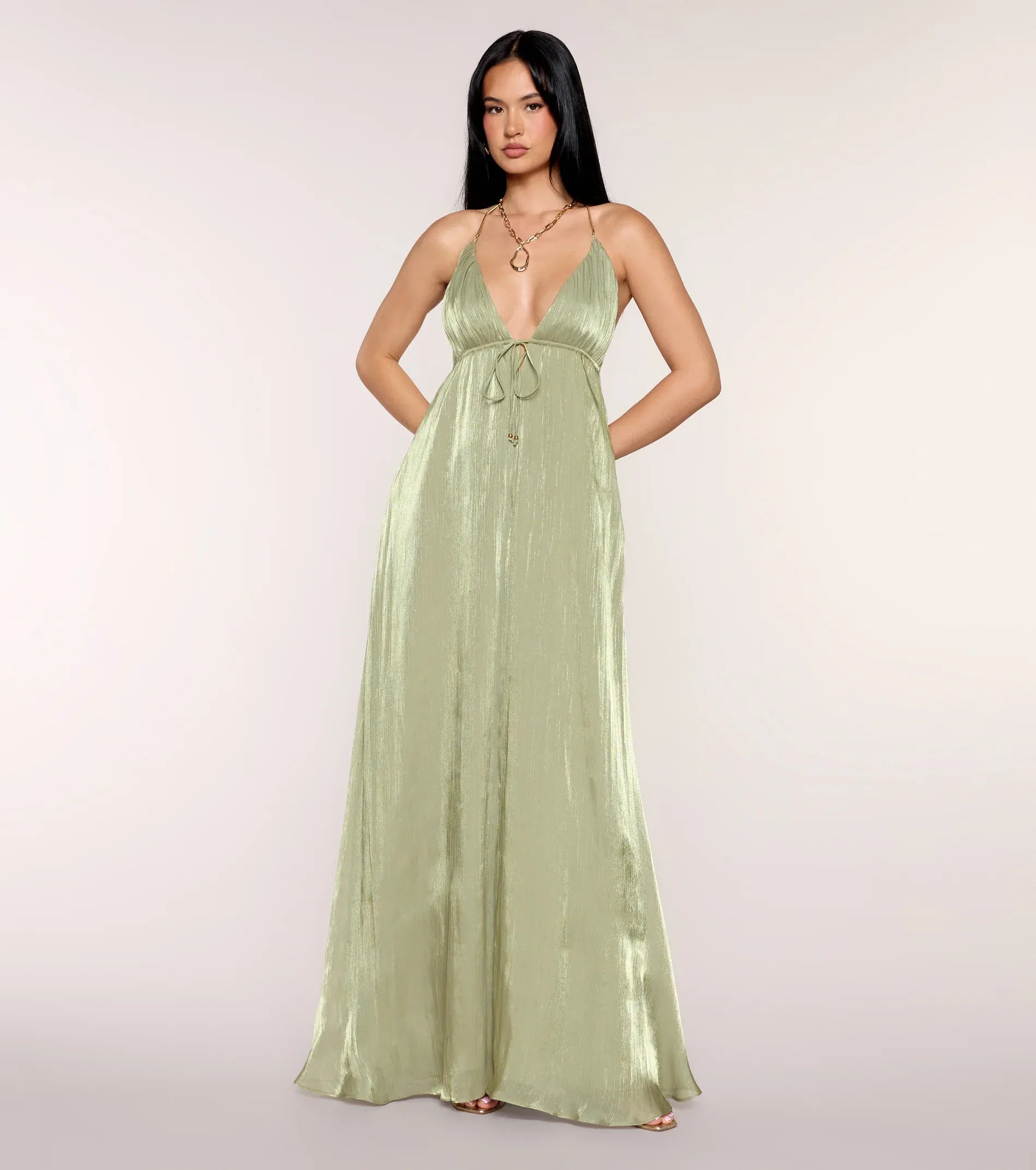 Sage Spaghetti Strap Deep V Tie Bust Open Back Shimmer A-Line Maxi Wedding Guest Dresses