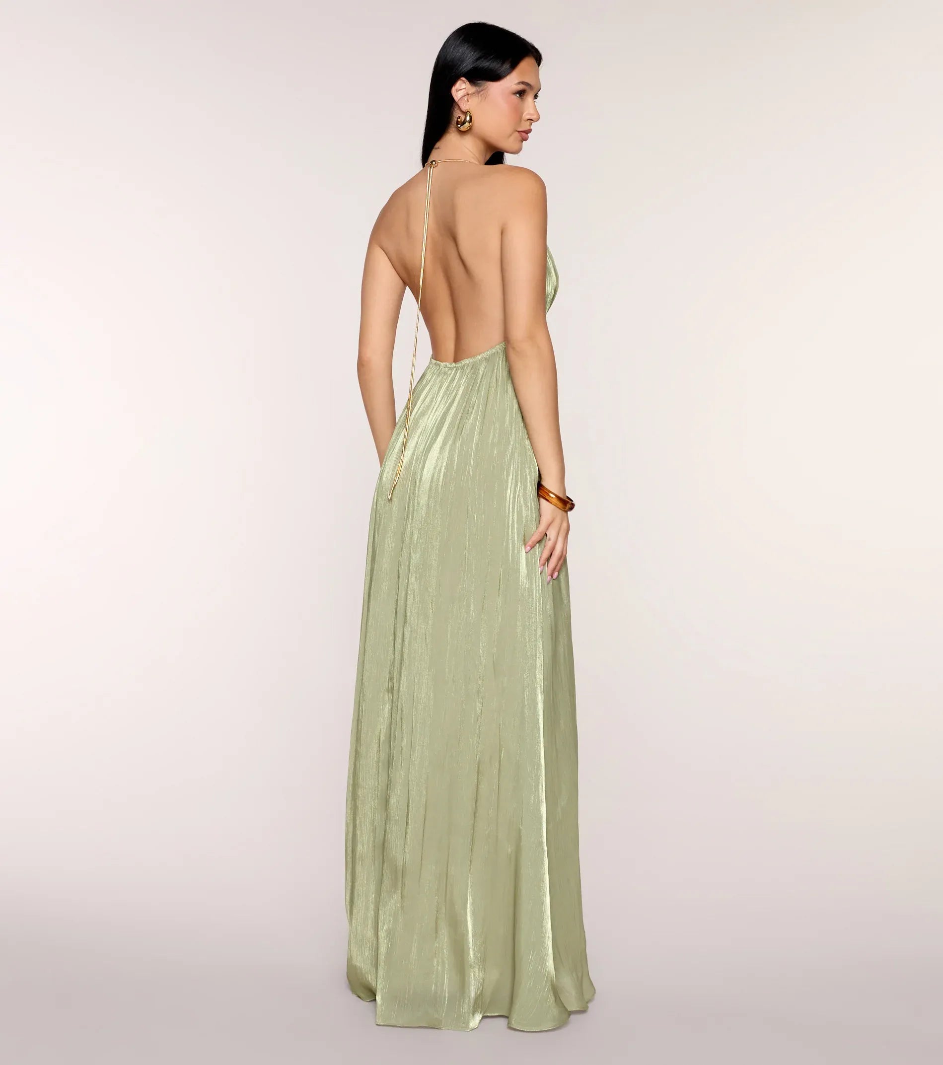Sage Spaghetti Strap Deep V Tie Bust Open Back Shimmer A-Line Maxi Wedding Guest Dresses