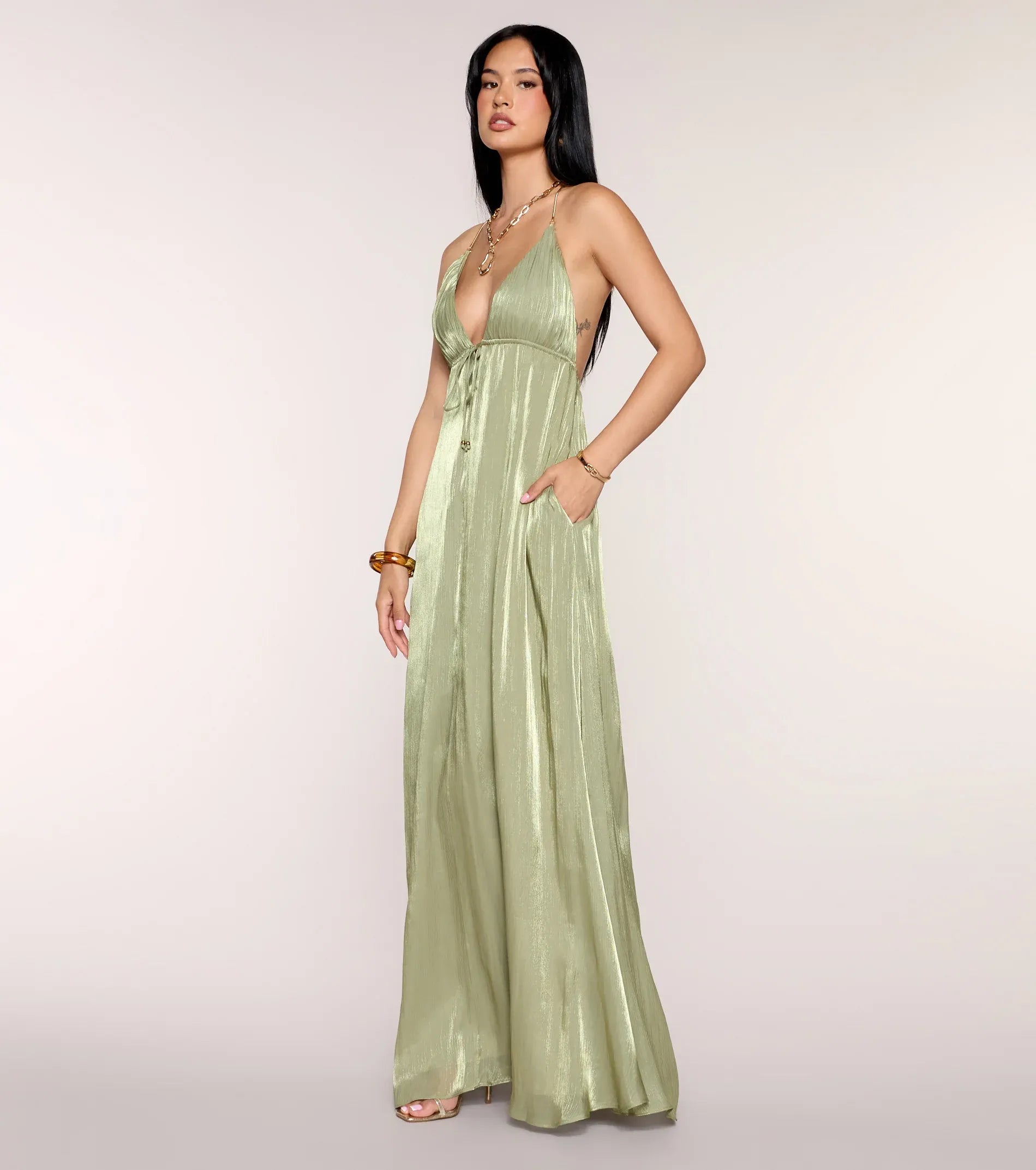 Sage Spaghetti Strap Deep V Tie Bust Open Back Shimmer A-Line Maxi Wedding Guest Dresses