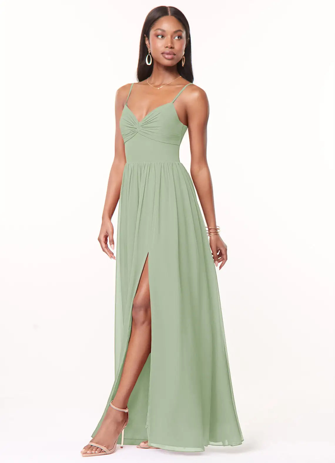 Sage Spaghetti Strap Twist V Neck Cutout Tie Back High Slit Chiffon Maxi Bridesmaid Dress