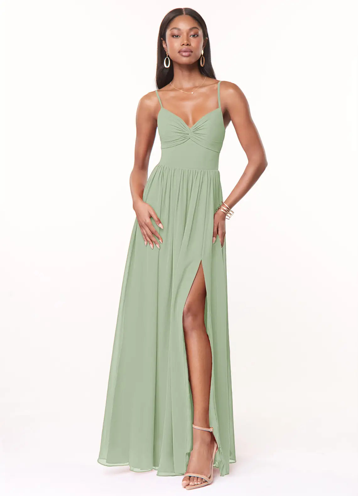 Sage Spaghetti Strap Twist V Neck Cutout Tie Back High Slit Chiffon Maxi Bridesmaid Dress