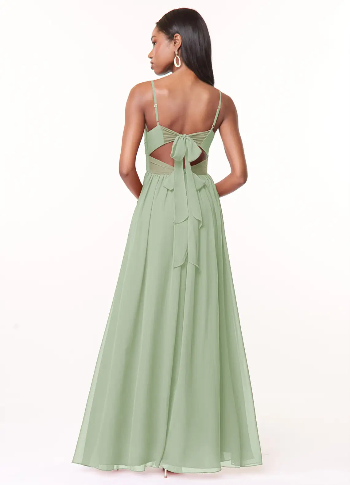 Sage Spaghetti Strap Twist V Neck Cutout Tie Back High Slit Chiffon Maxi Bridesmaid Dress