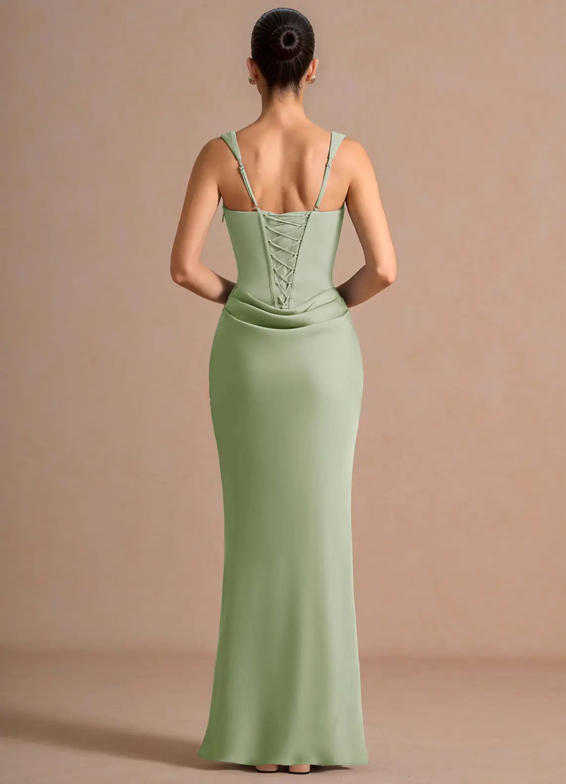 Sage Square Spaghetti Strap Corset Lace Up Back Ruched Mermaid Maxi Wedding Guest Dress