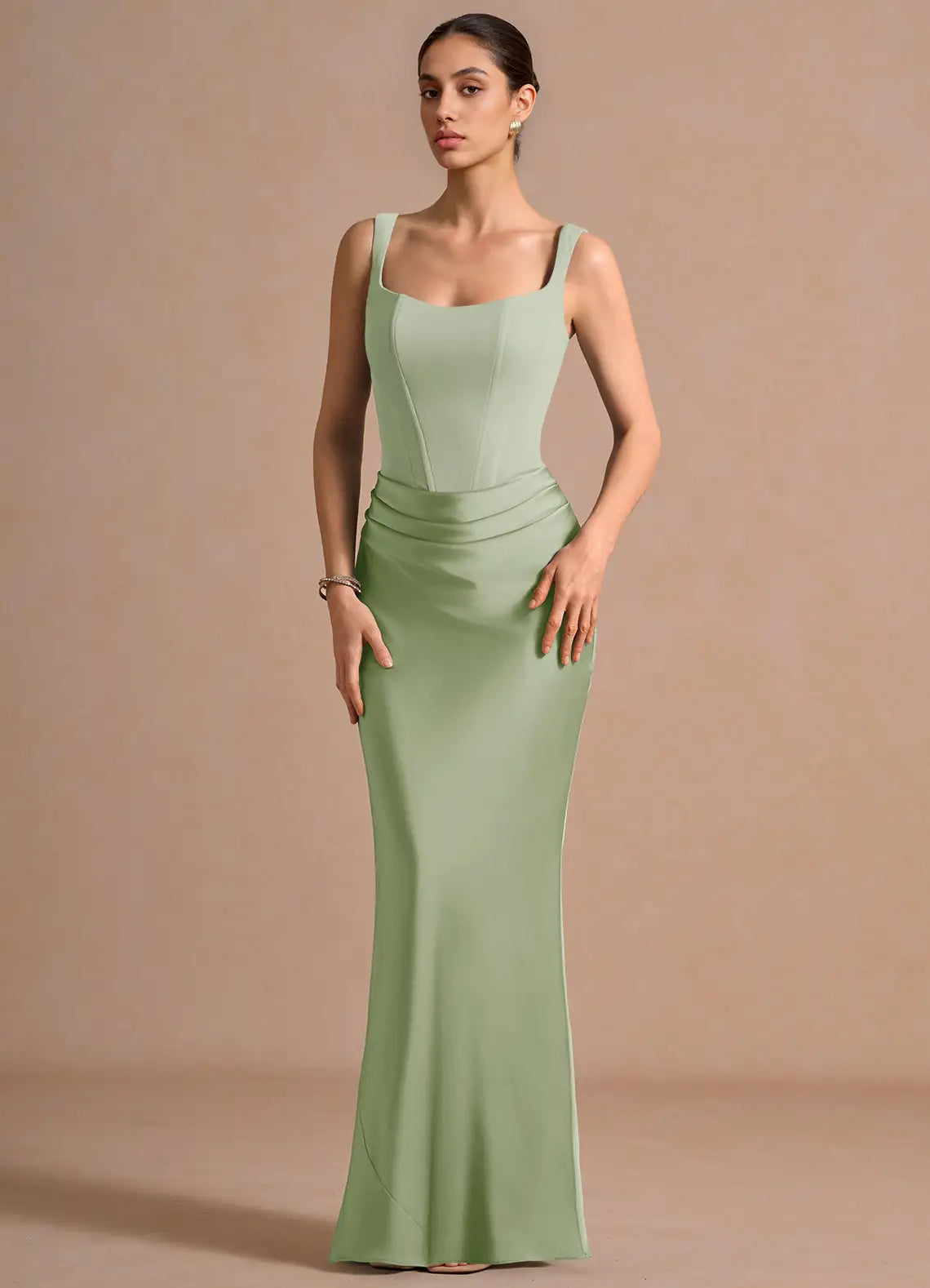 Sage Square Spaghetti Strap Corset Lace Up Back Ruched Mermaid Maxi Wedding Guest Dress