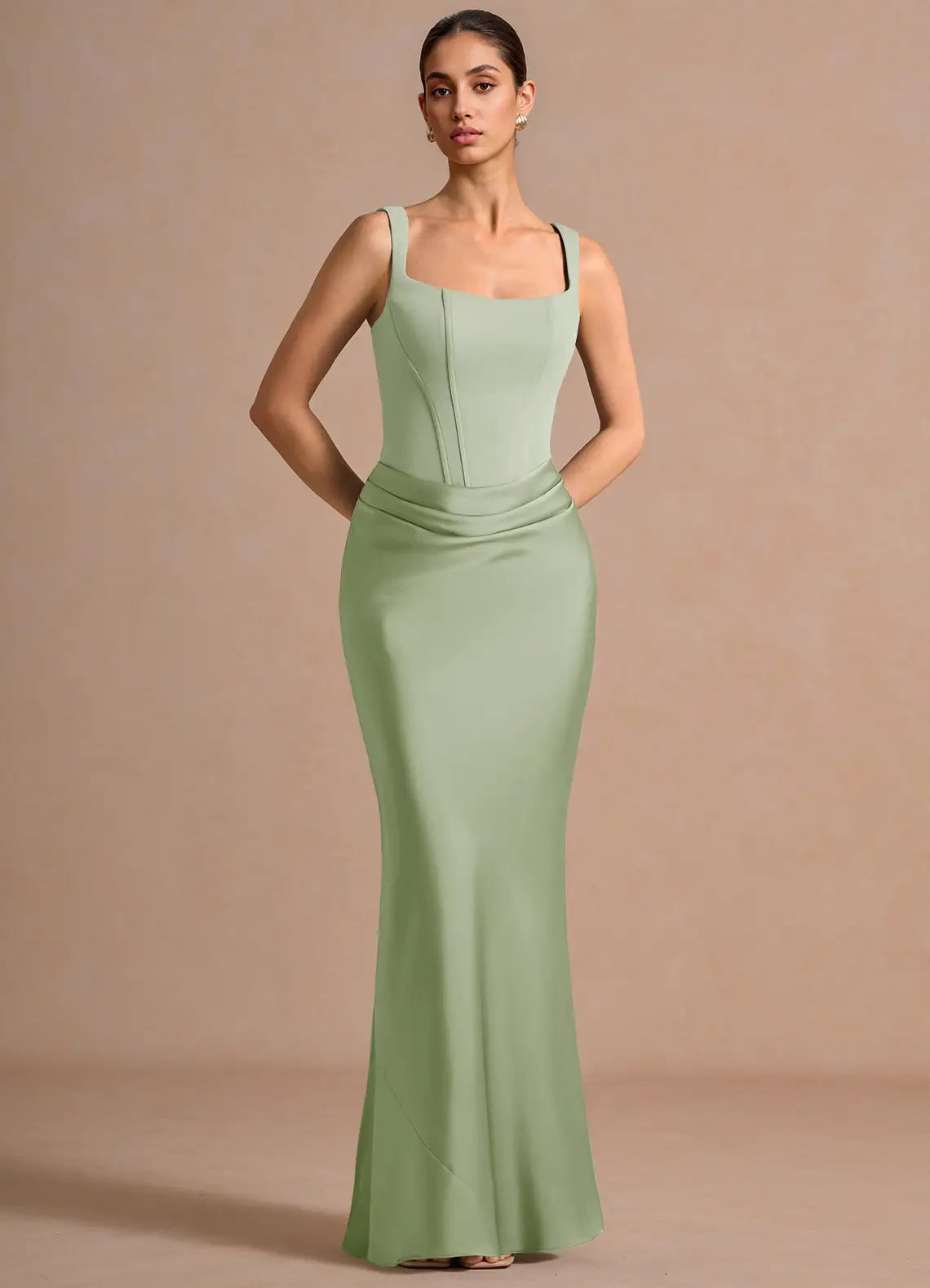 Sage Square Spaghetti Strap Corset Lace Up Back Ruched Mermaid Maxi Wedding Guest Dress