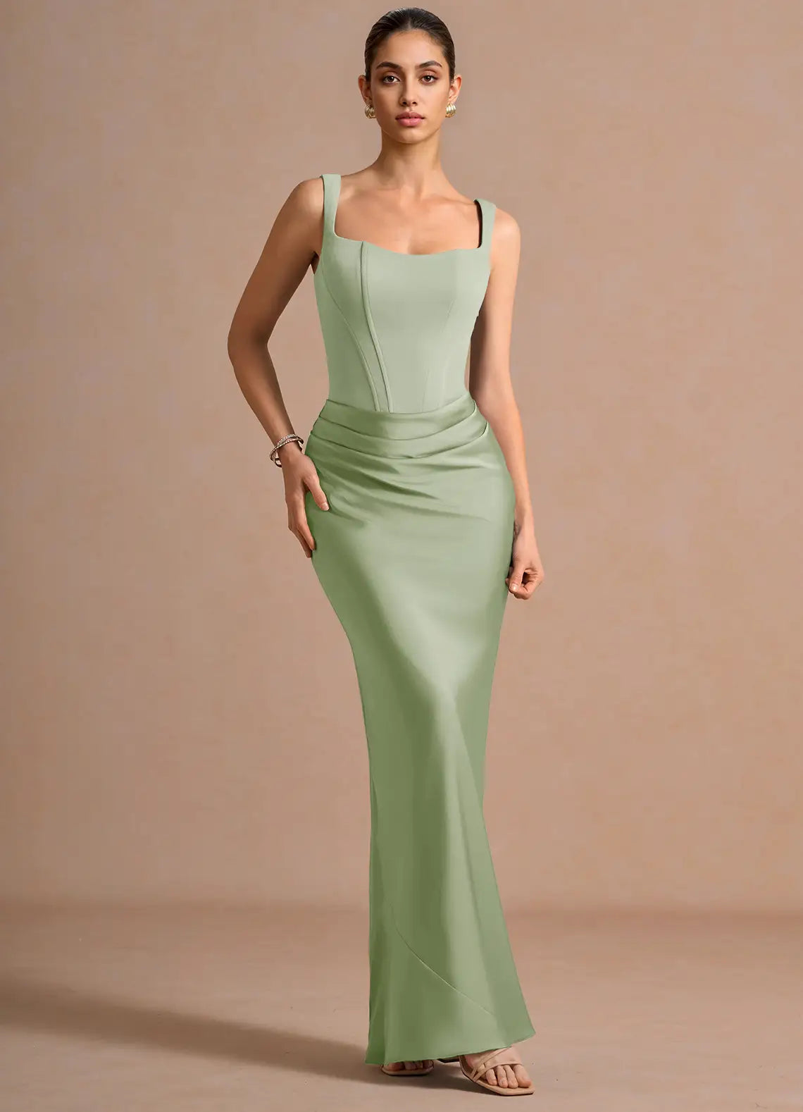 Sage Square Spaghetti Strap Corset Lace Up Back Ruched Mermaid Maxi Wedding Guest Dress