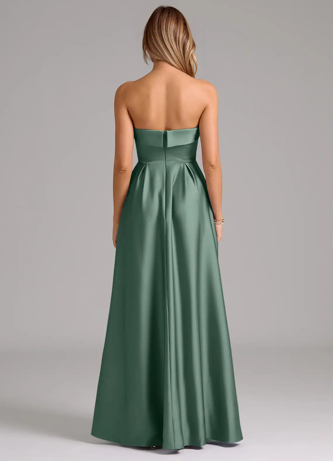 Sage Strapless Fold Neck Pleated A Line Satin Maxi Bridesmaid Dress