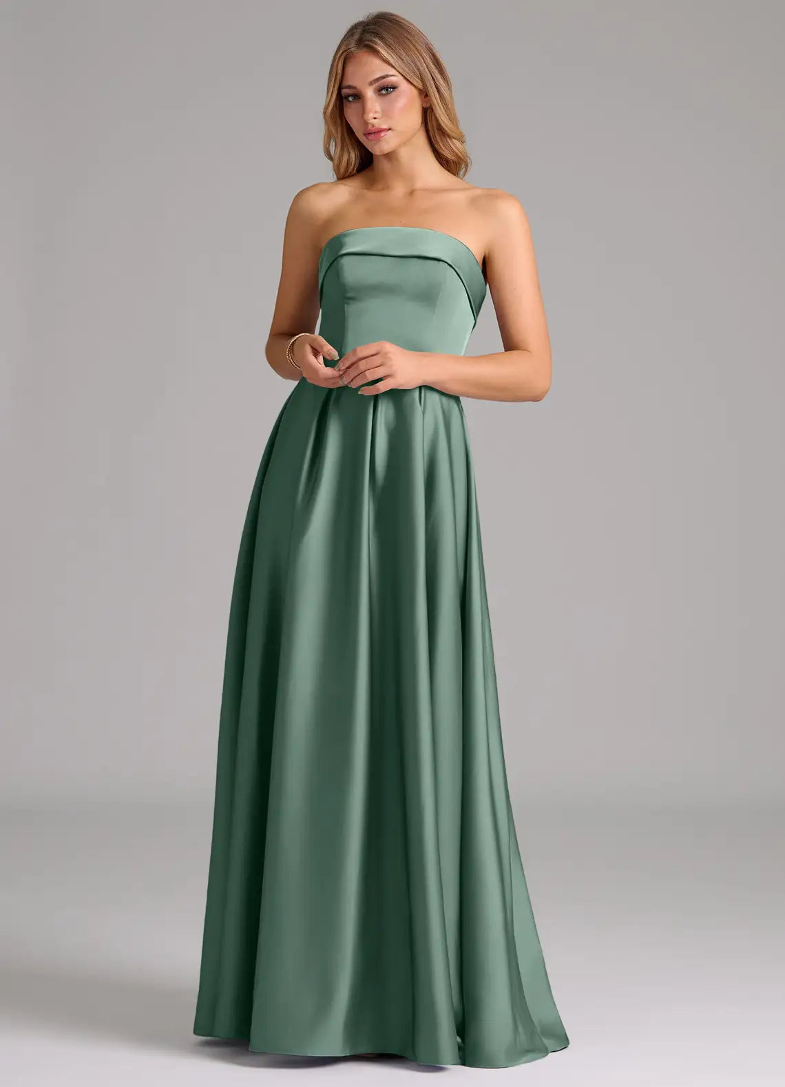 Sage Strapless Fold Neck Pleated A Line Satin Maxi Bridesmaid Dress