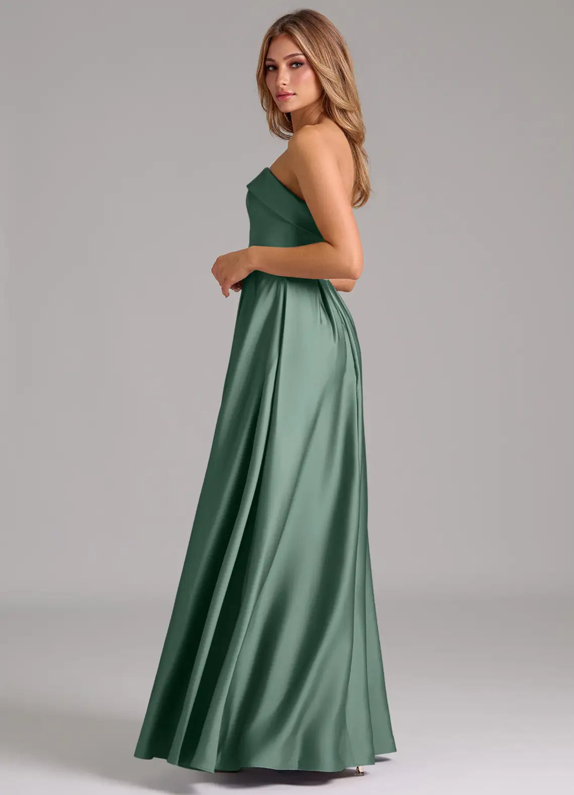 Sage Strapless Fold Neck Pleated A Line Satin Maxi Bridesmaid Dress
