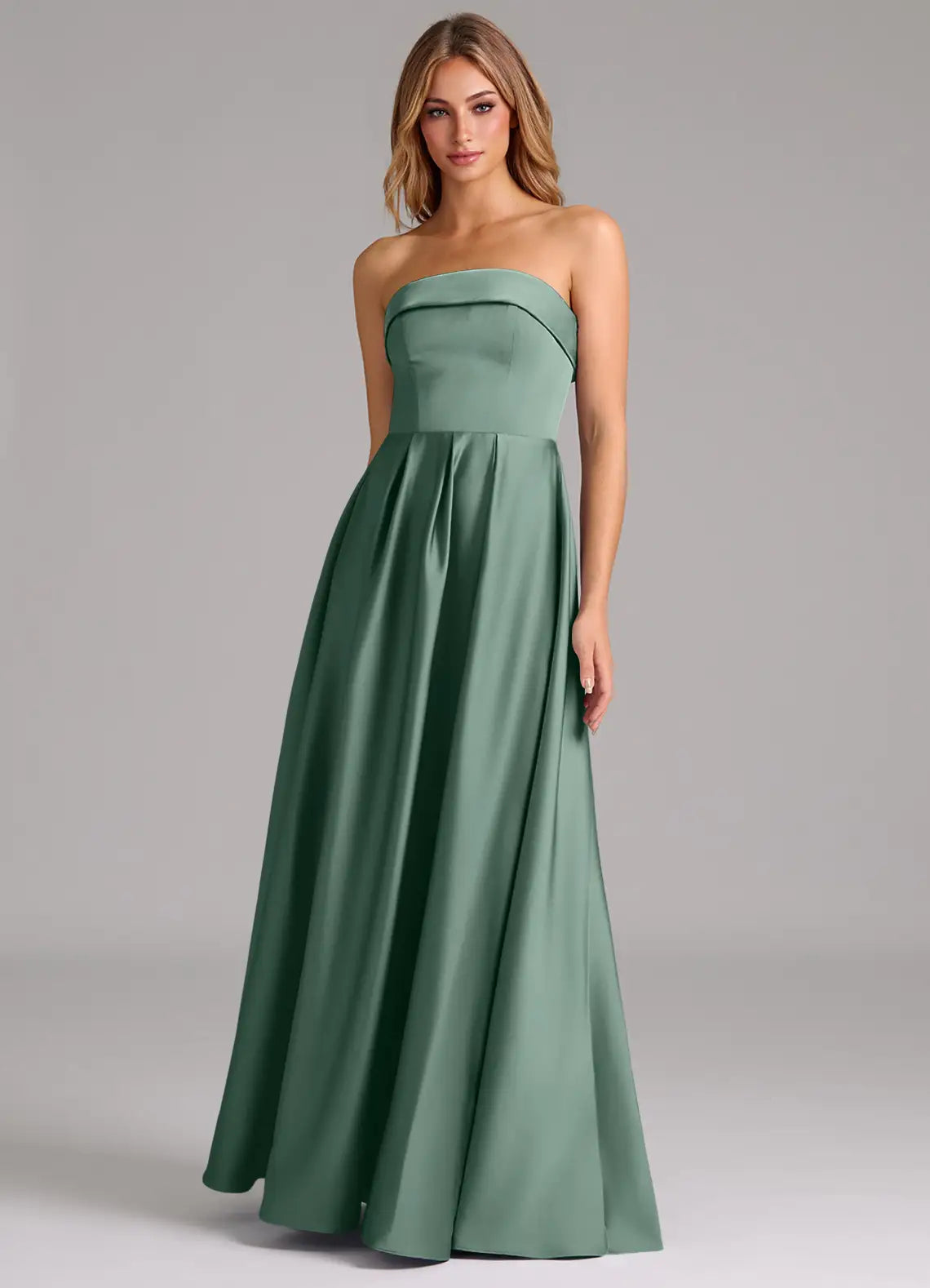 Sage Strapless Fold Neck Pleated A Line Satin Maxi Bridesmaid Dress