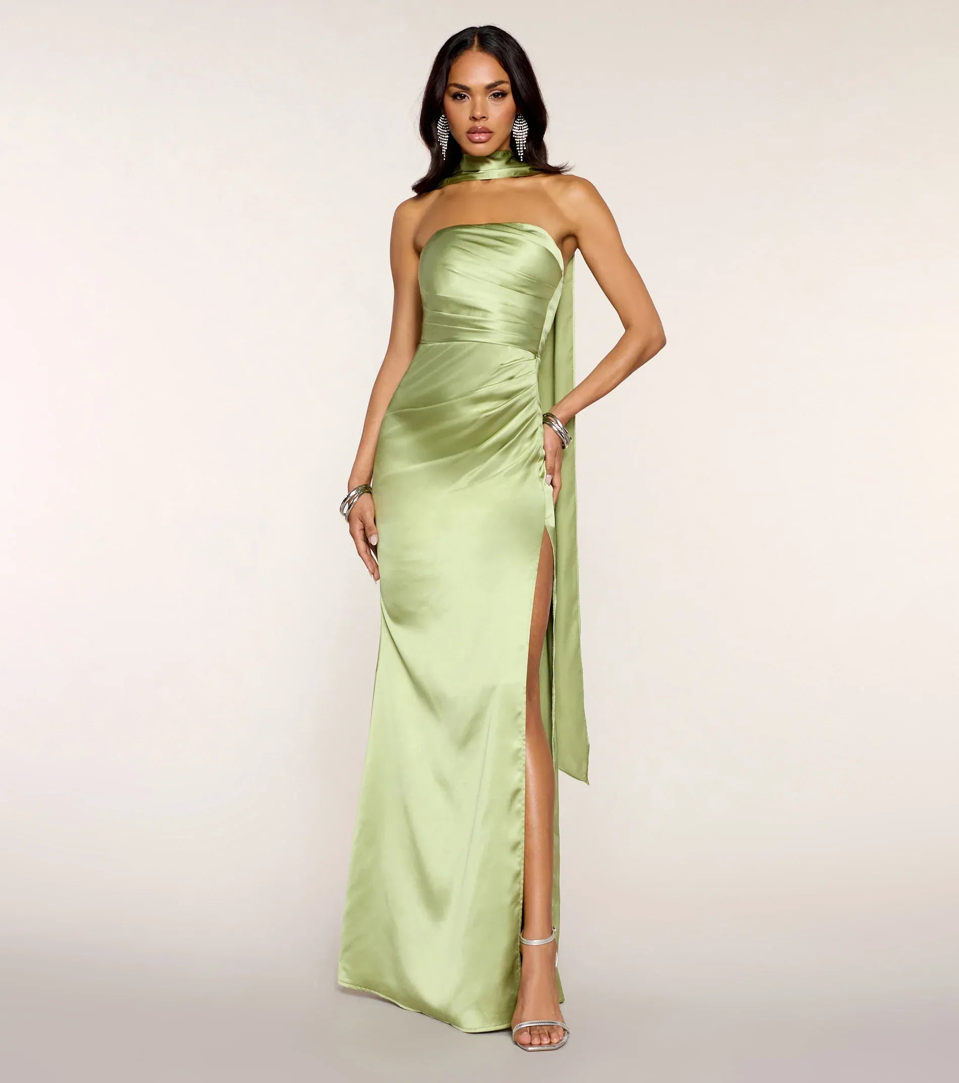 Sage Strapless Ruched Neck Sash Wrap High Slit Satin Mermaid Maxi Wedding Guest Dress