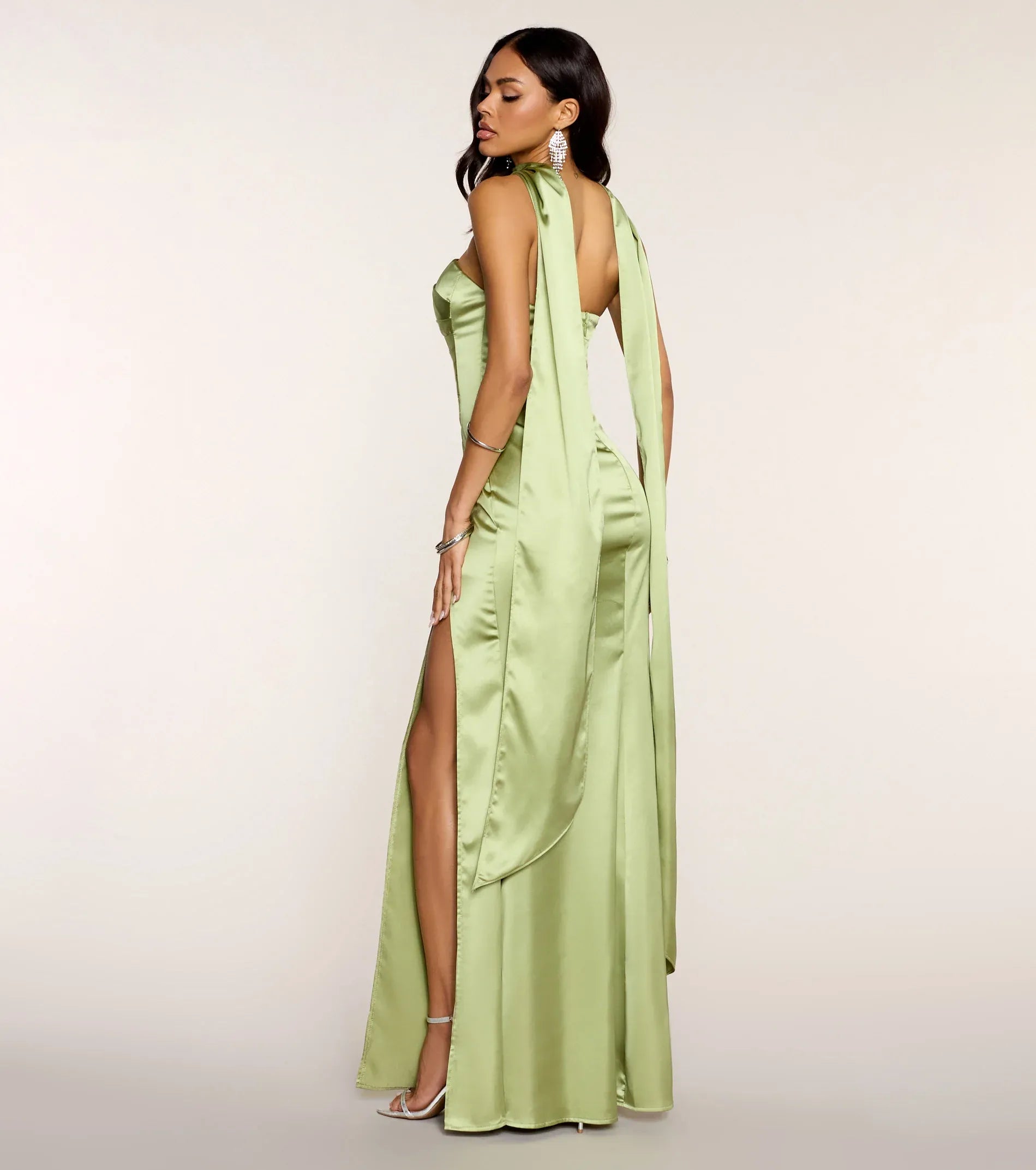 Sage Strapless Ruched Neck Sash Wrap High Slit Satin Mermaid Maxi Wedding Guest Dress