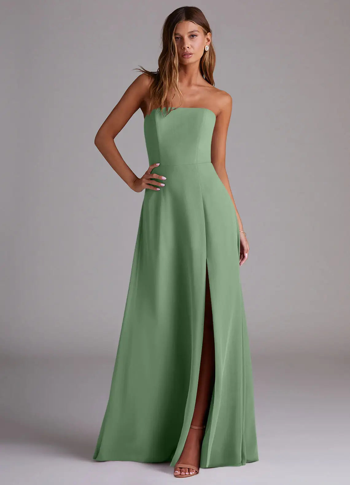 Sage Strapless Straight Neck High Slit A-Line Chiffon Maxi Bridesmaid Dress