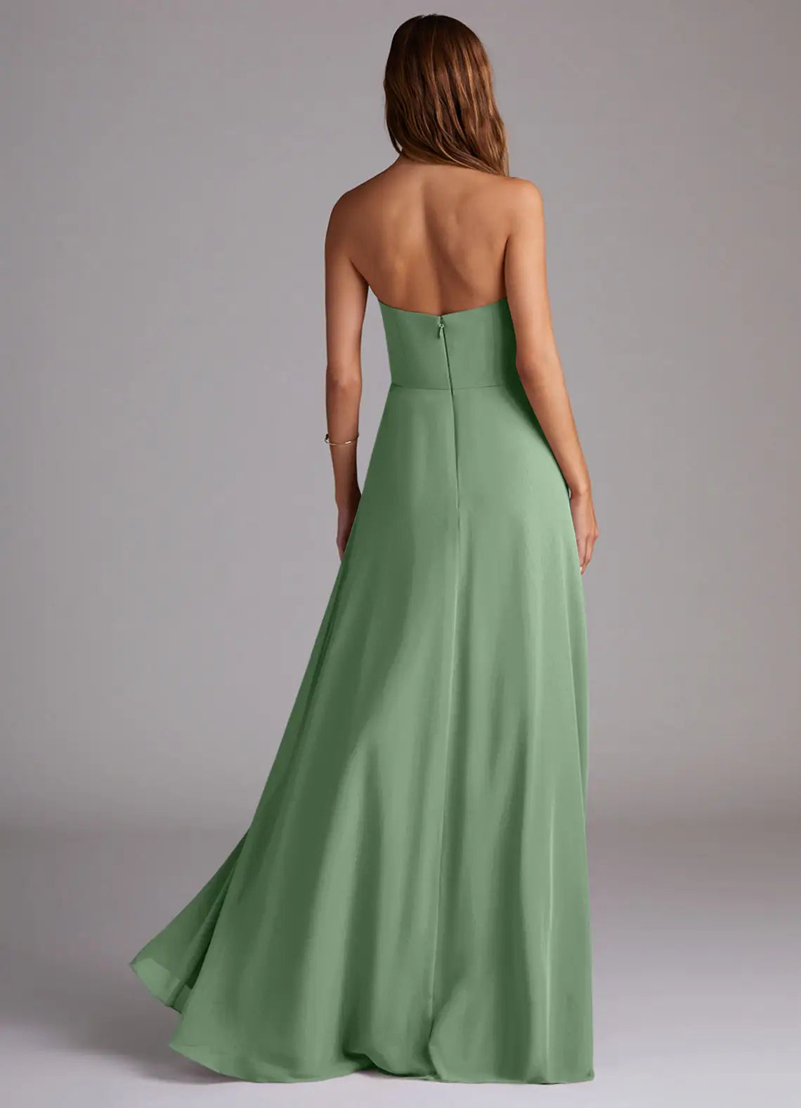 Sage Strapless Straight Neck High Slit A-Line Chiffon Maxi Bridesmaid Dress