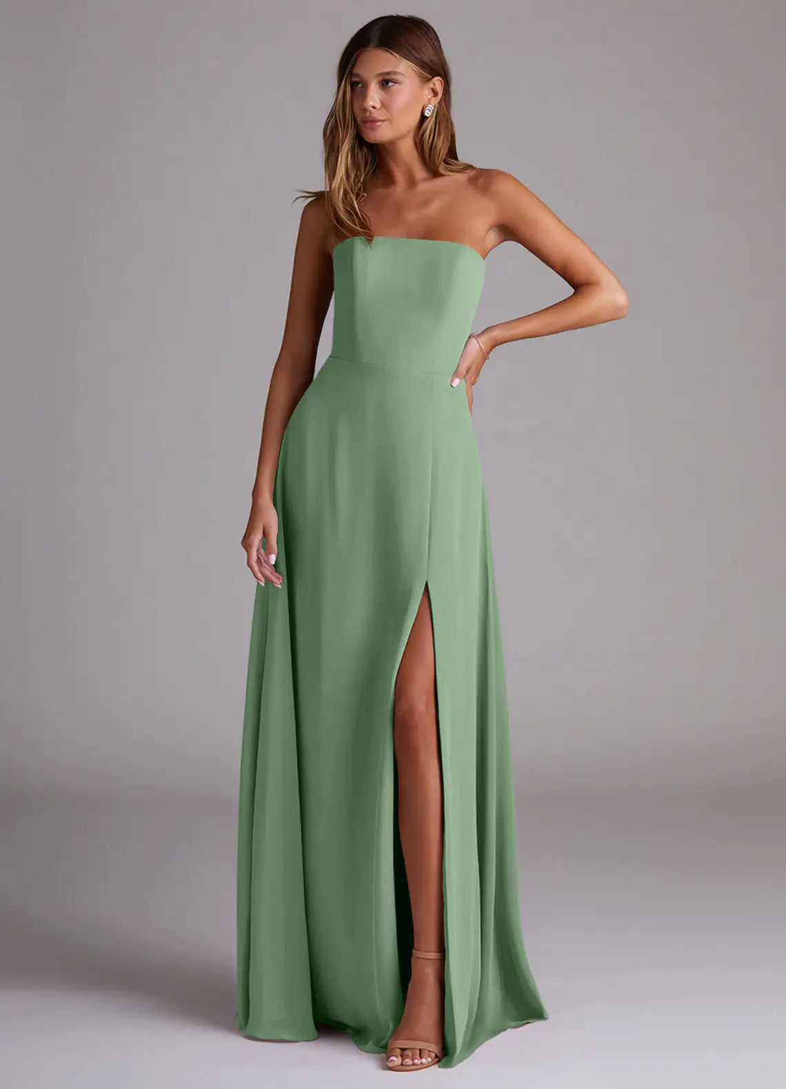 Sage Strapless Straight Neck High Slit A-Line Chiffon Maxi Bridesmaid Dress