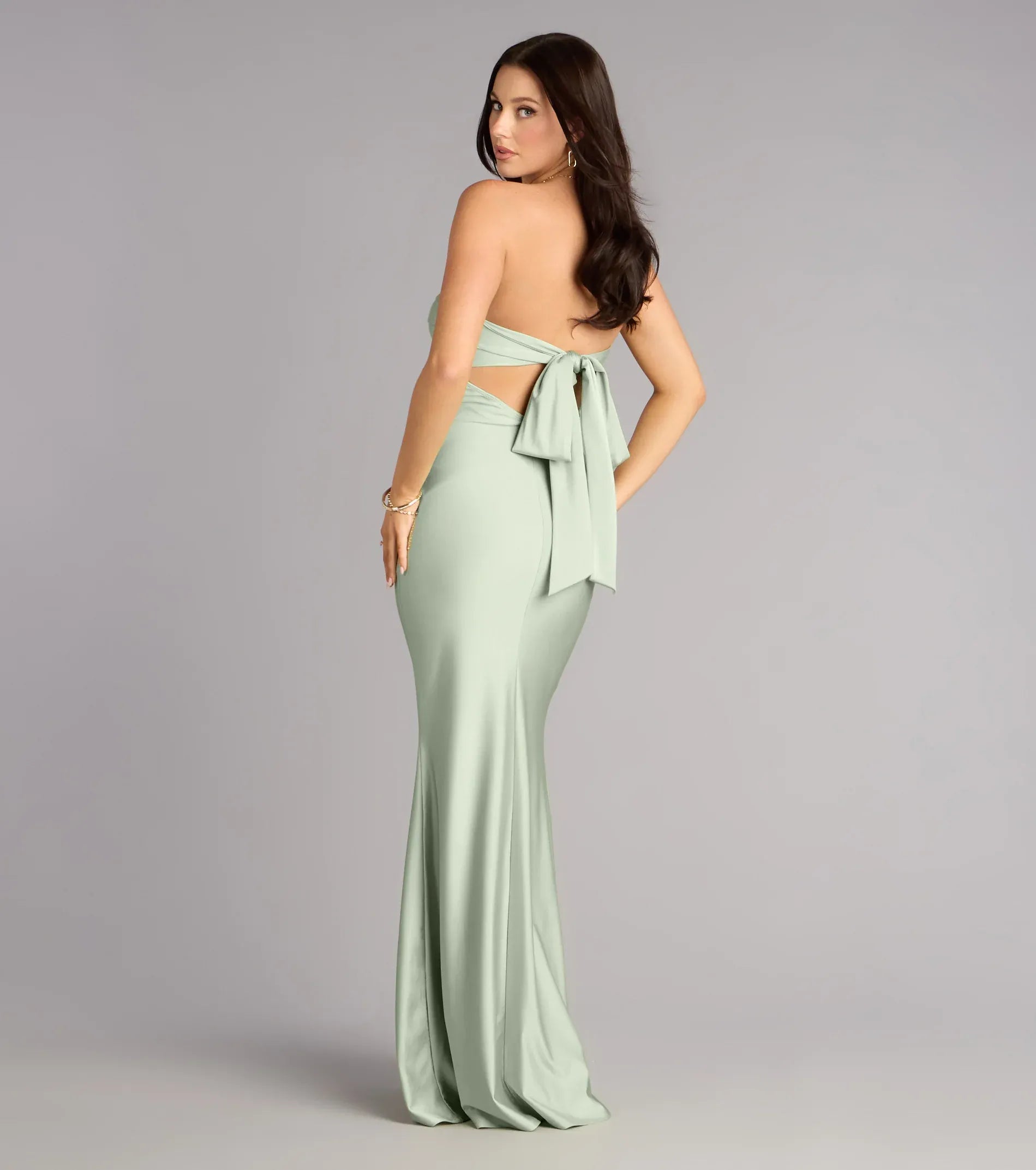 Sage Strapless Twist Bust Bow Cutout Back Satin Mermaid Maxi Bridesmaid Dresses