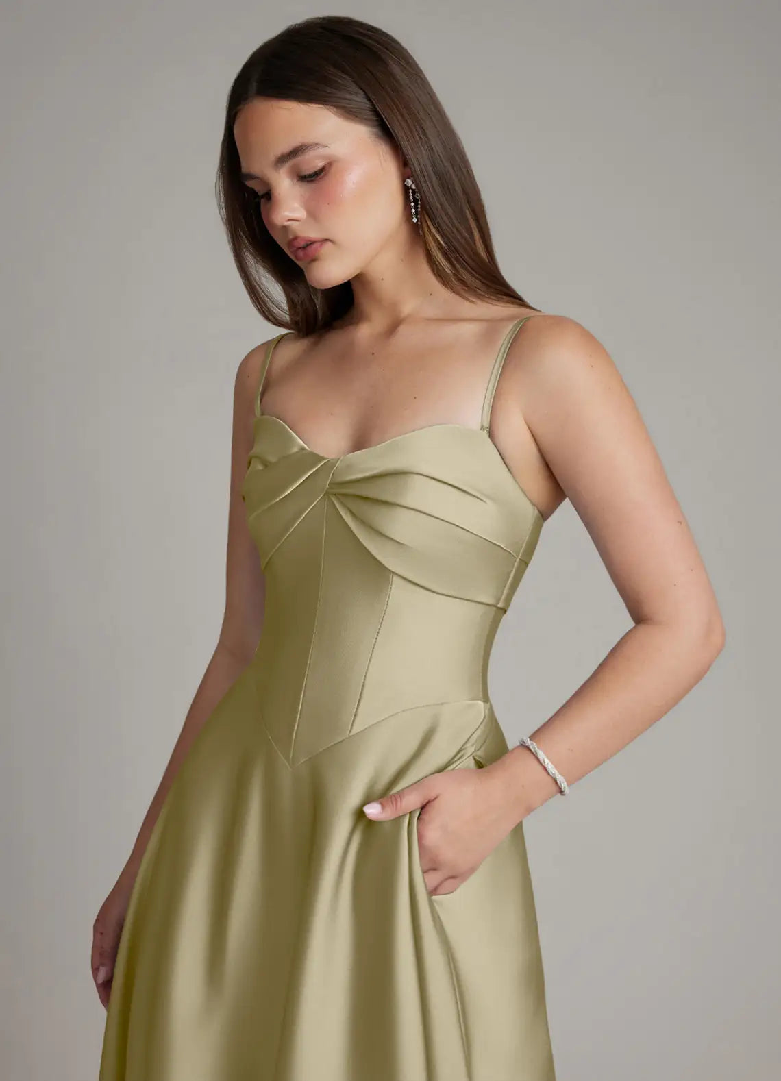Sage Strapless Twist Bust Corset A Line Pocket Maxi Satin Bridesmaid Dress