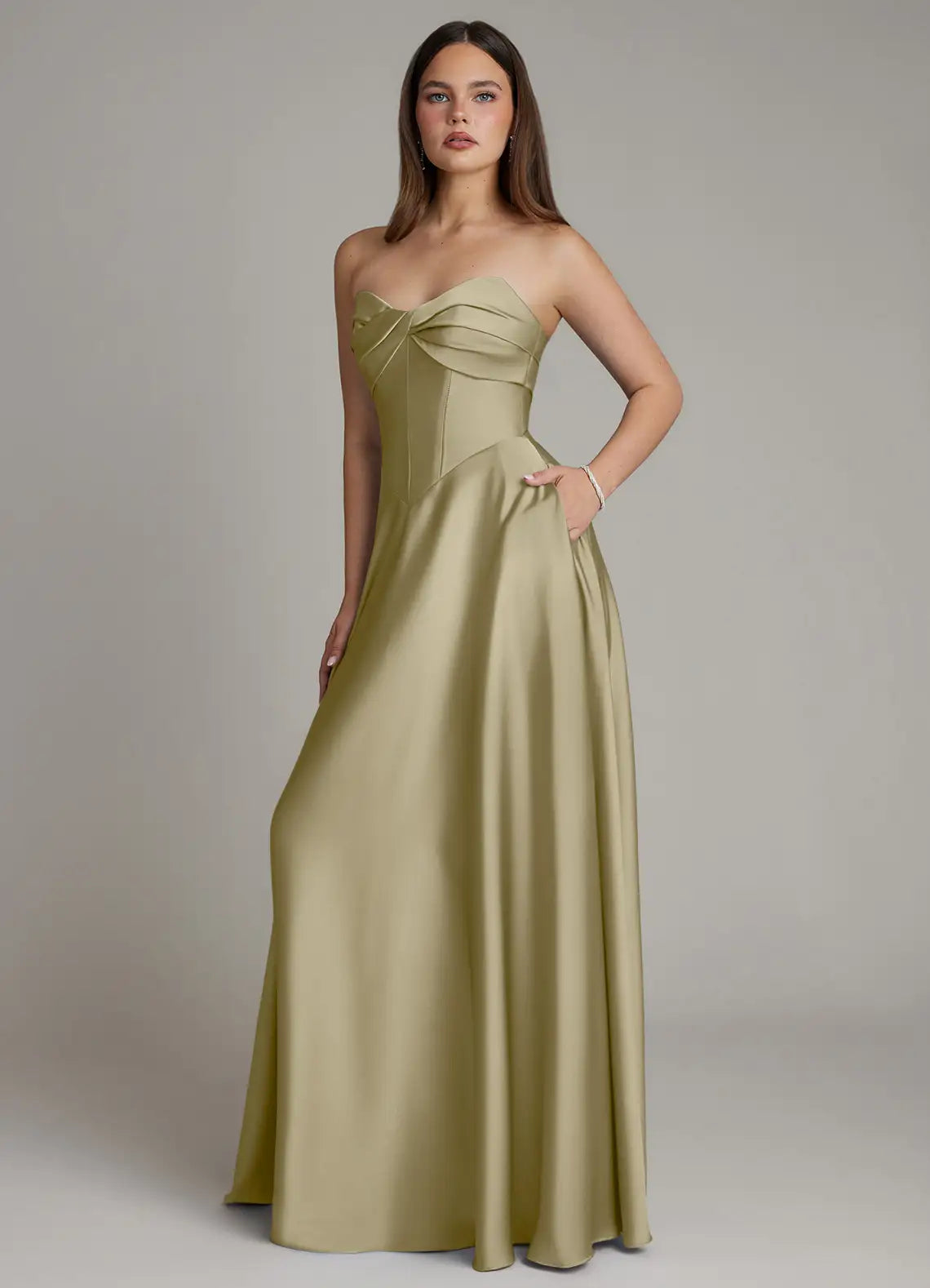 Sage Strapless Twist Bust Corset A Line Pocket Maxi Satin Bridesmaid Dress