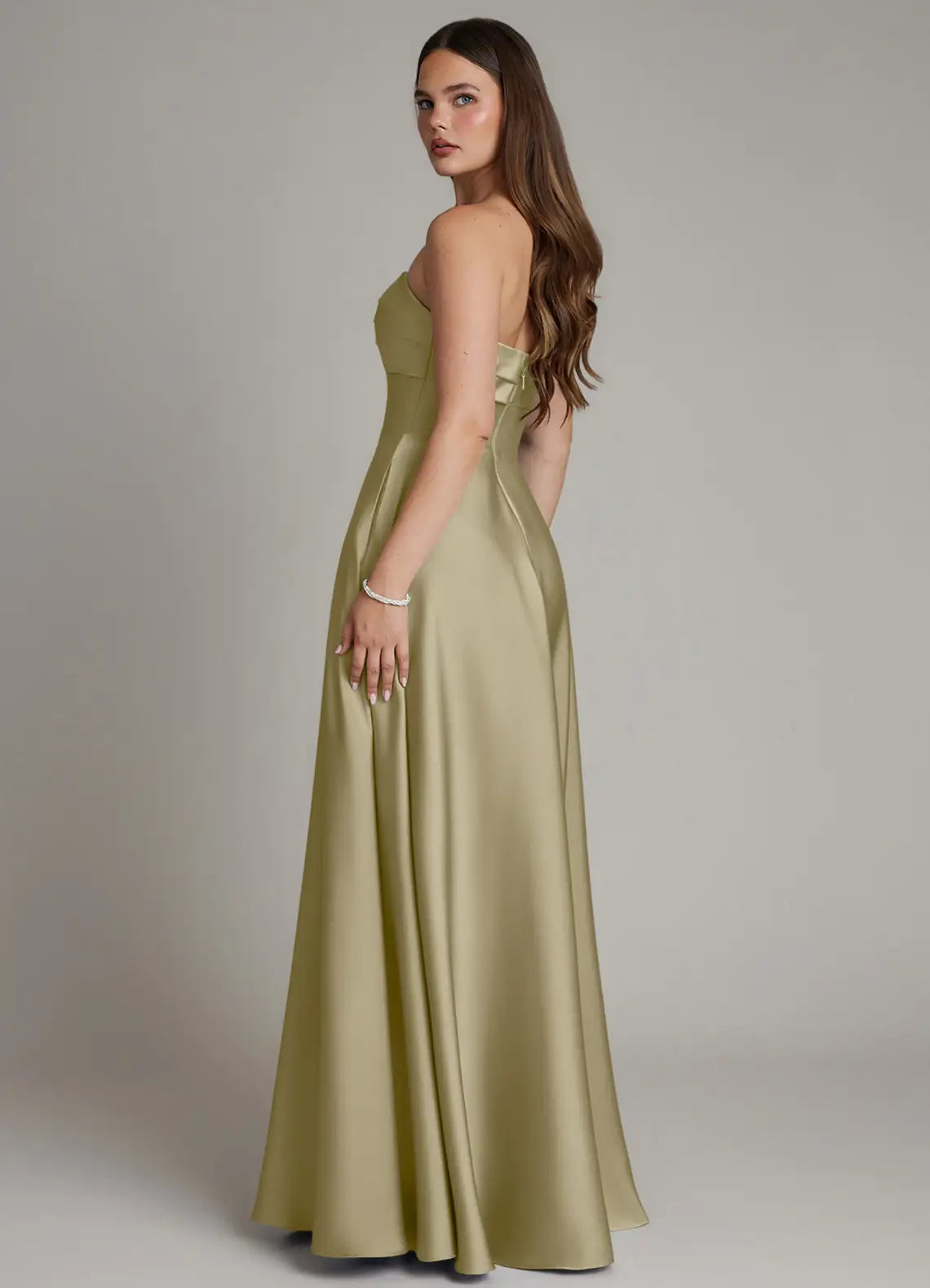 Sage Strapless Twist Bust Corset A Line Pocket Maxi Satin Bridesmaid Dress