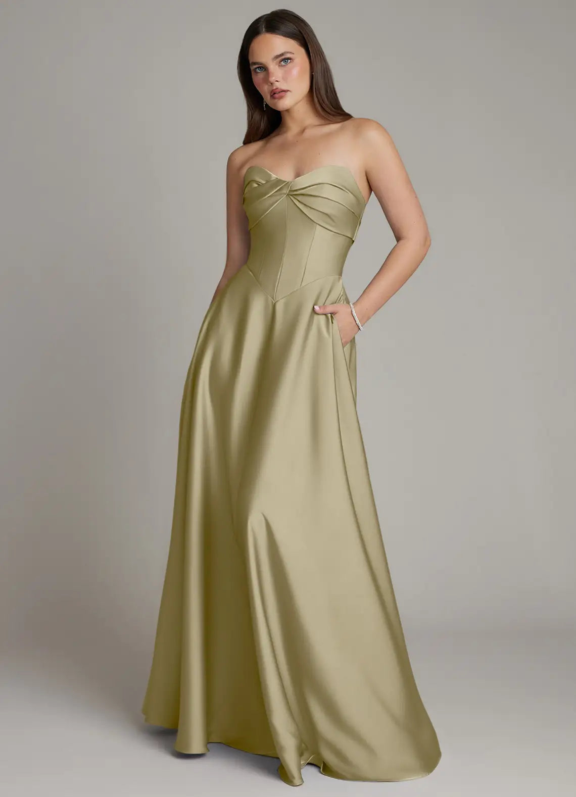 Sage Strapless Twist Bust Corset A Line Pocket Maxi Satin Bridesmaid Dress