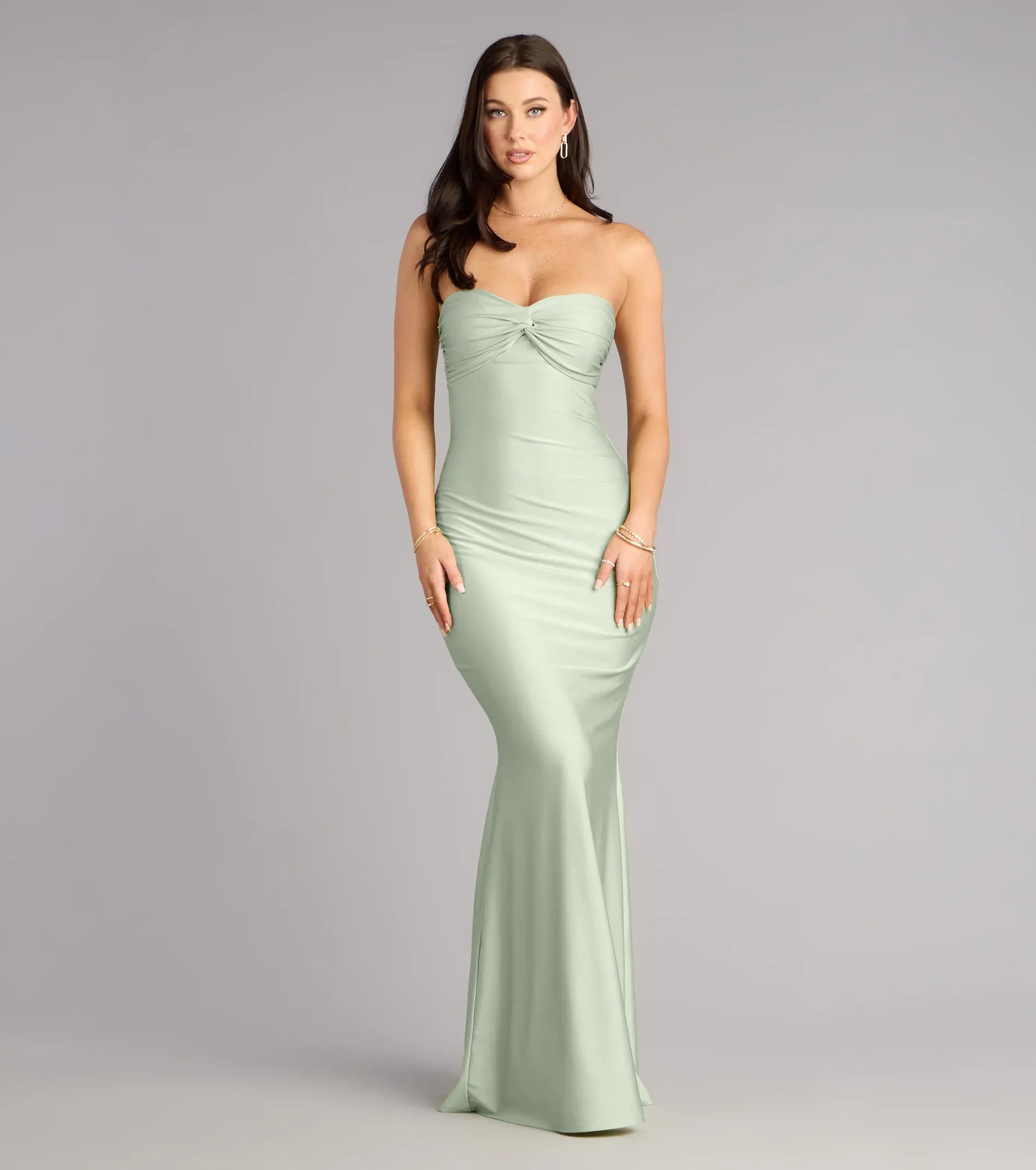 Sage Strapless Twist Knot Tie-Back Cutout Satin Mermaid Maxi Wedding Guest Dresses