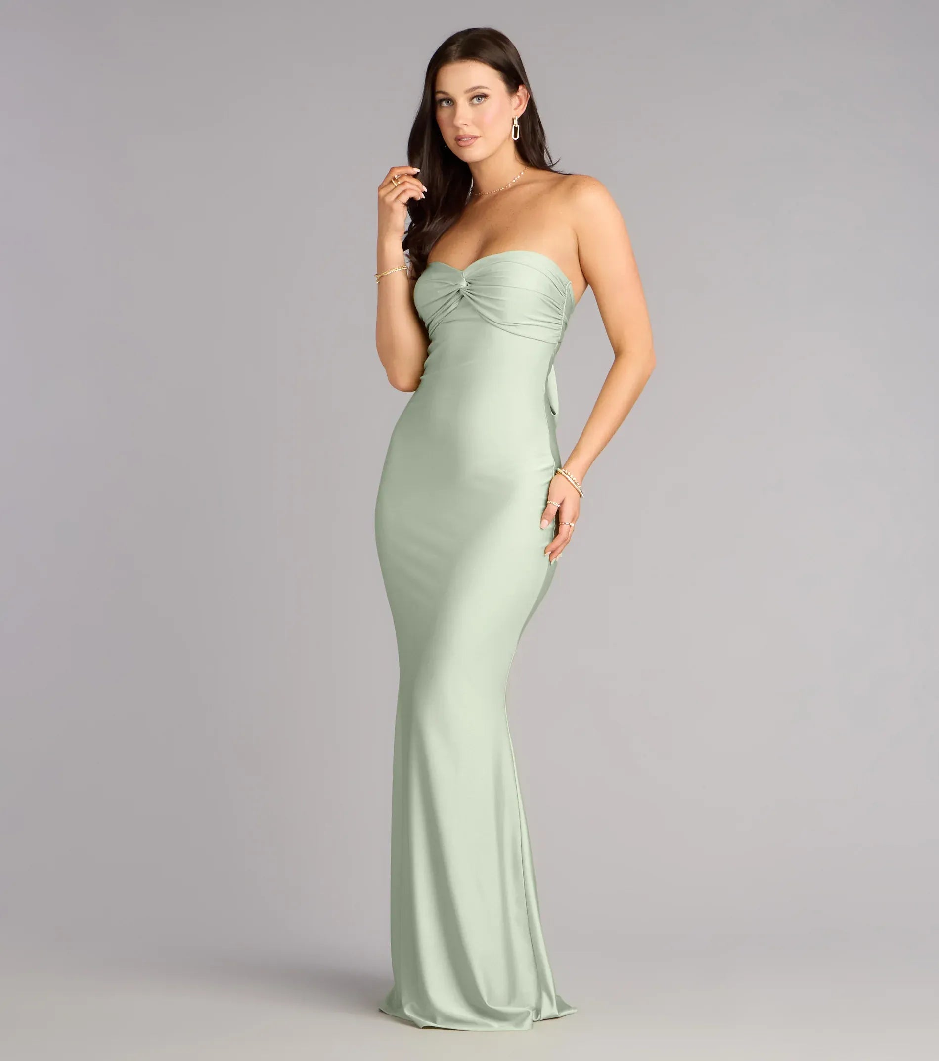 Sage Strapless Twist Knot Tie-Back Cutout Satin Mermaid Maxi Wedding Guest Dresses