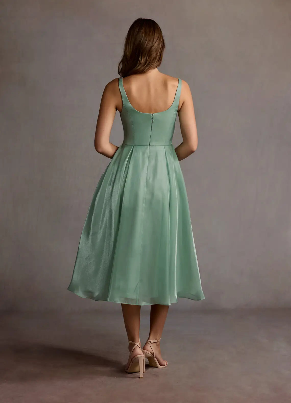 Sage Thin Spaghetti Square Neck Flared Midi Satin Wedding Guest Dress