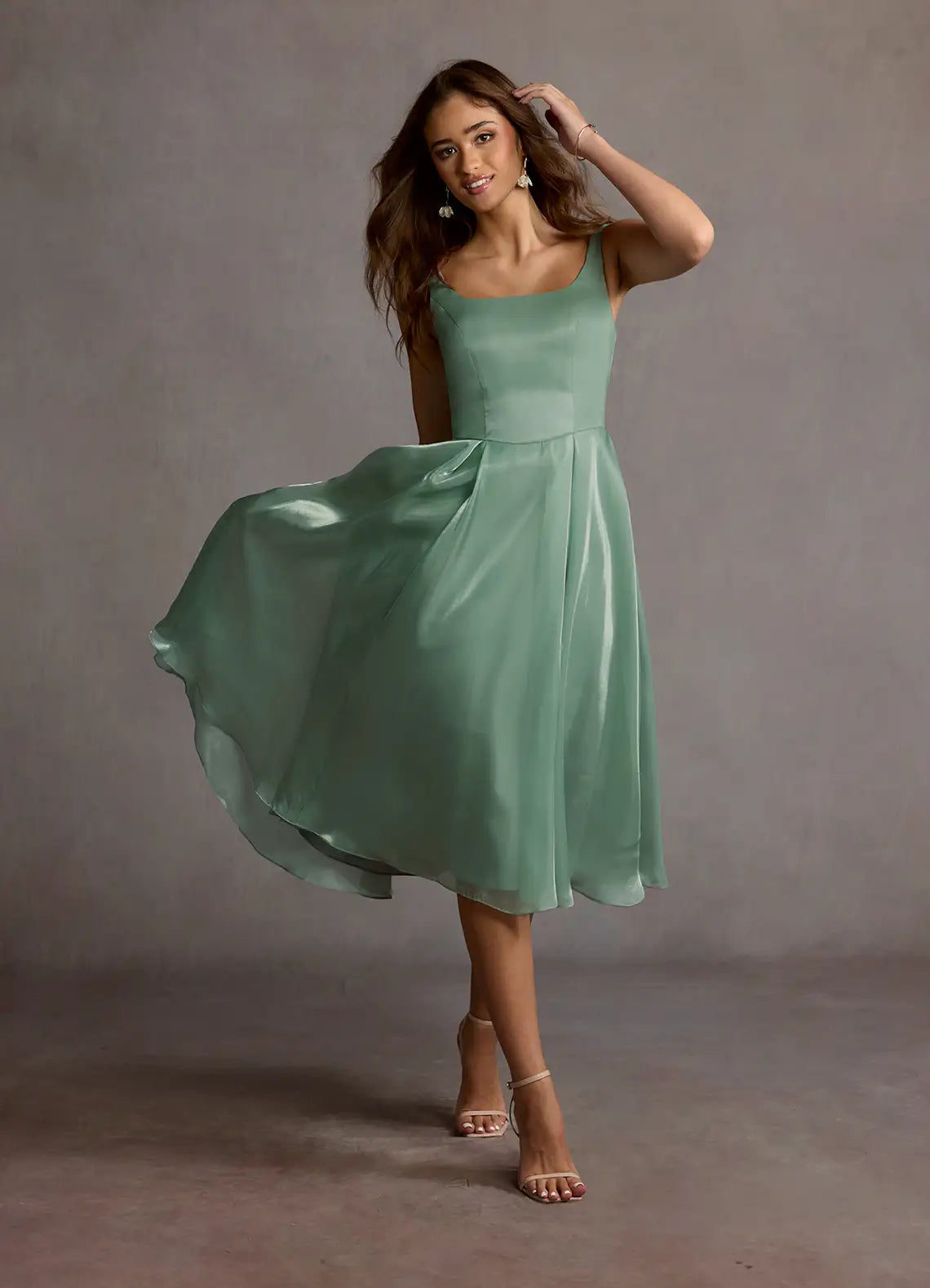Sage Thin Spaghetti Square Neck Flared Midi Satin Wedding Guest Dress