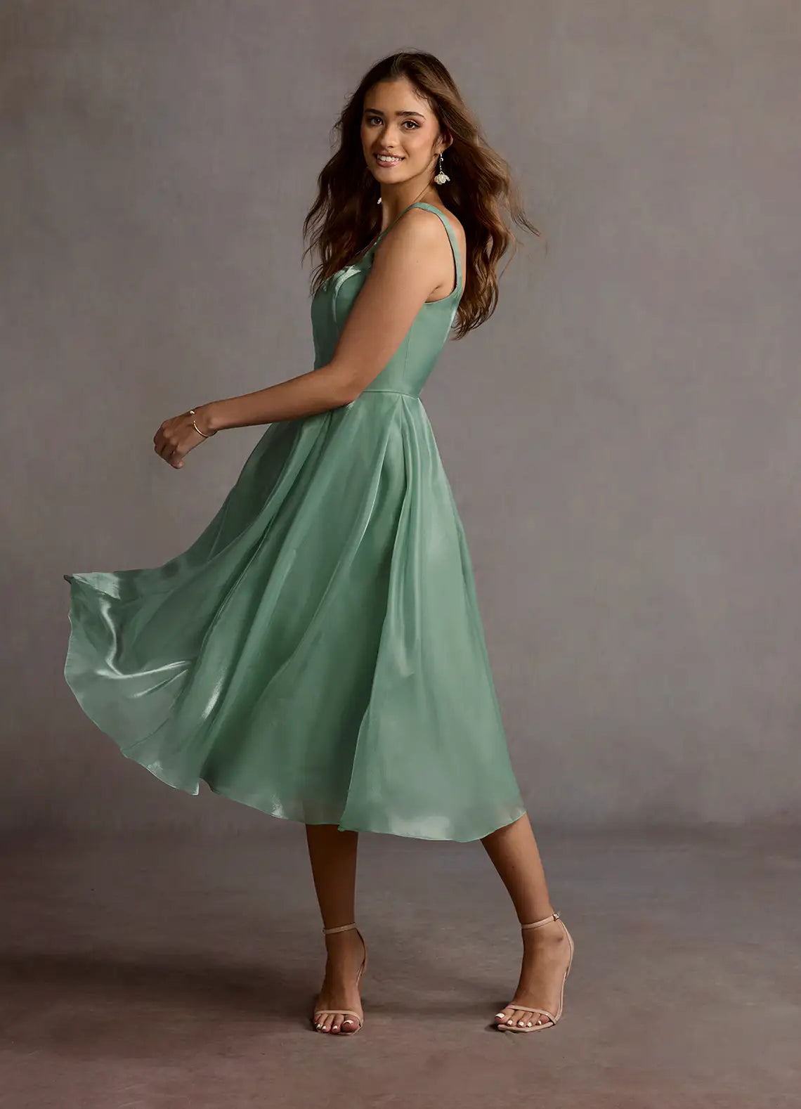 Sage Thin Spaghetti Square Neck Flared Midi Satin Wedding Guest Dress