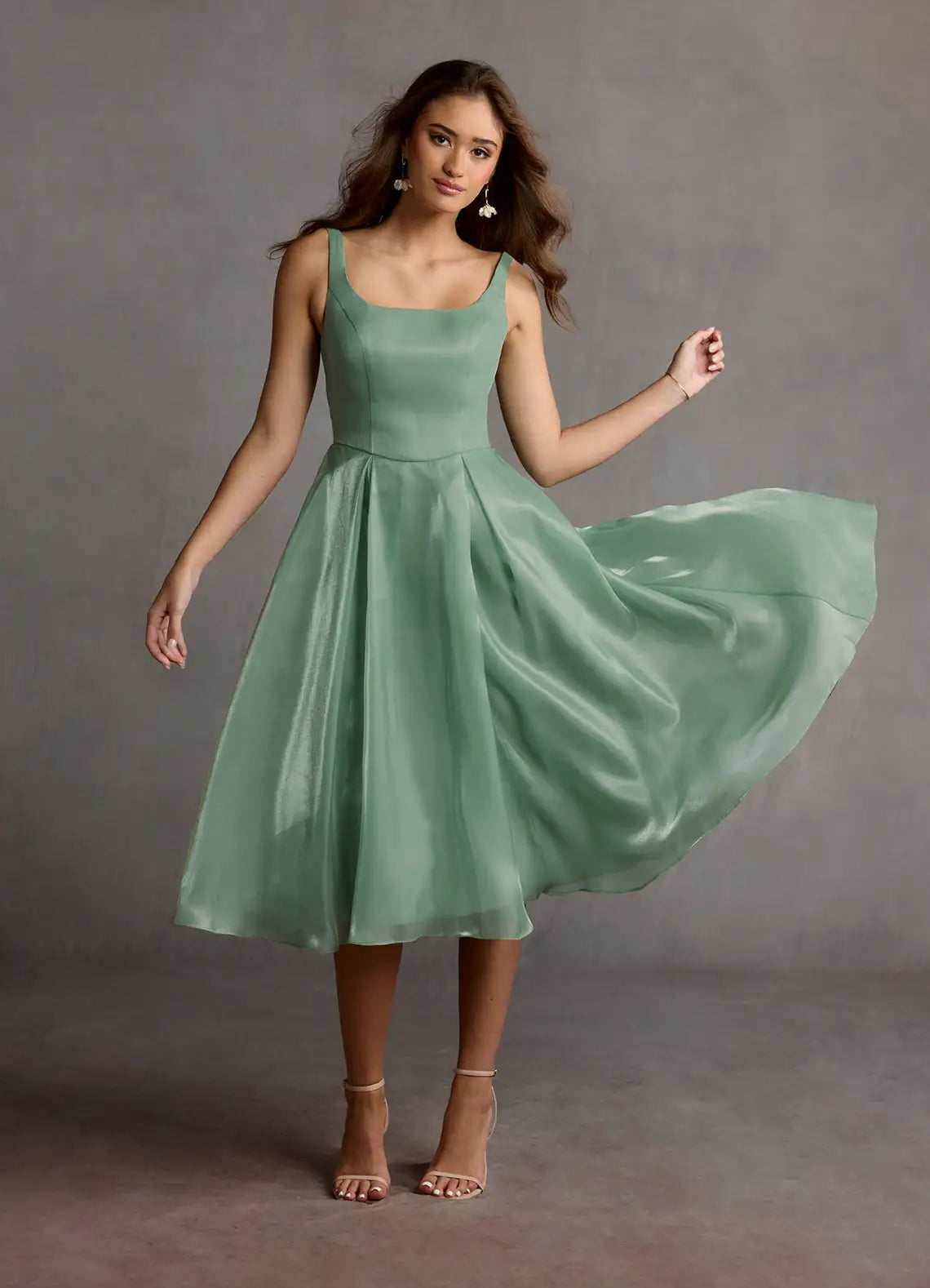 Sage Thin Spaghetti Square Neck Flared Midi Satin Wedding Guest Dress