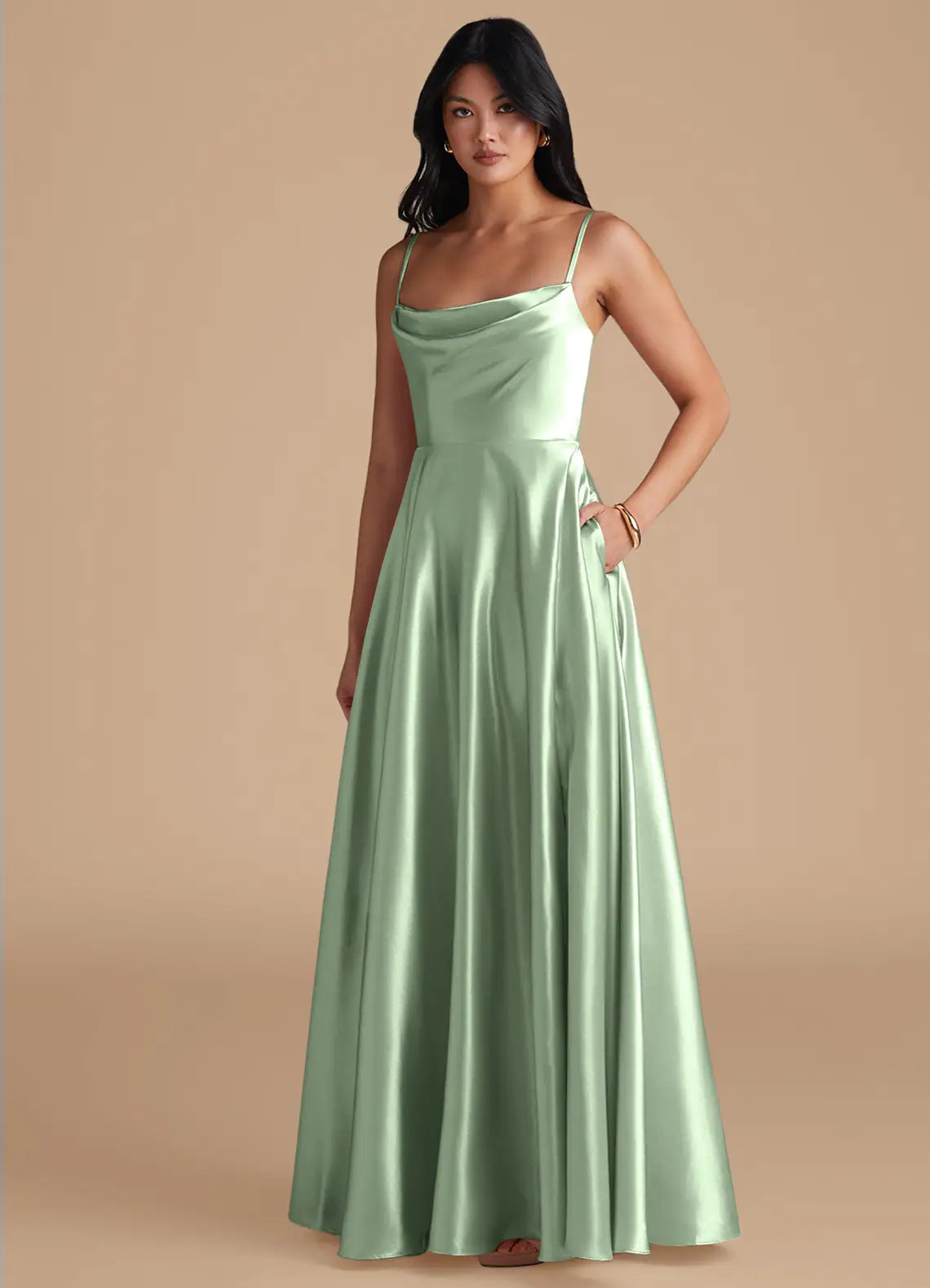 Sage Thin Spaghetti Strap Cowl Neck Side Pocket A Line Satin Maxi Bridesmaid Dress