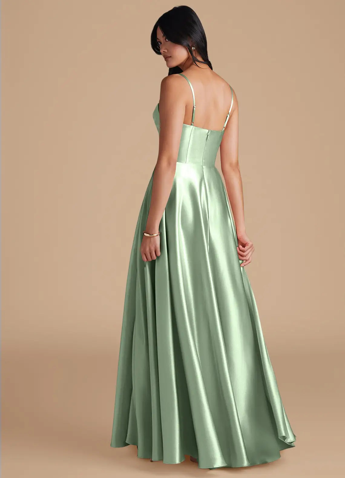 Sage Thin Spaghetti Strap Cowl Neck Side Pocket A Line Satin Maxi Bridesmaid Dress