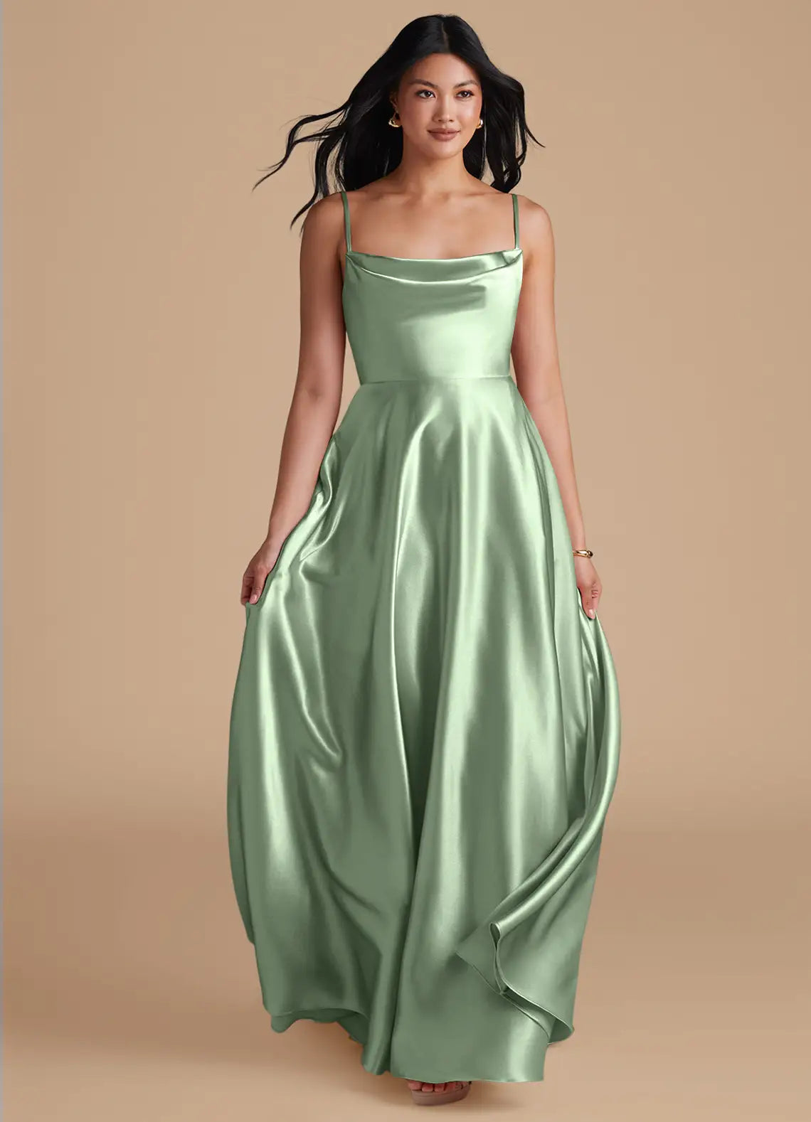 Sage Thin Spaghetti Strap Cowl Neck Side Pocket A Line Satin Maxi Bridesmaid Dress