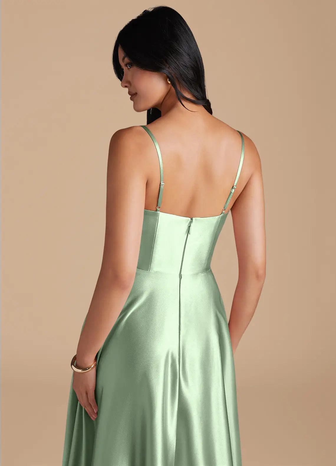 Sage Thin Spaghetti Strap Cowl Neck Side Pocket A Line Satin Maxi Bridesmaid Dress