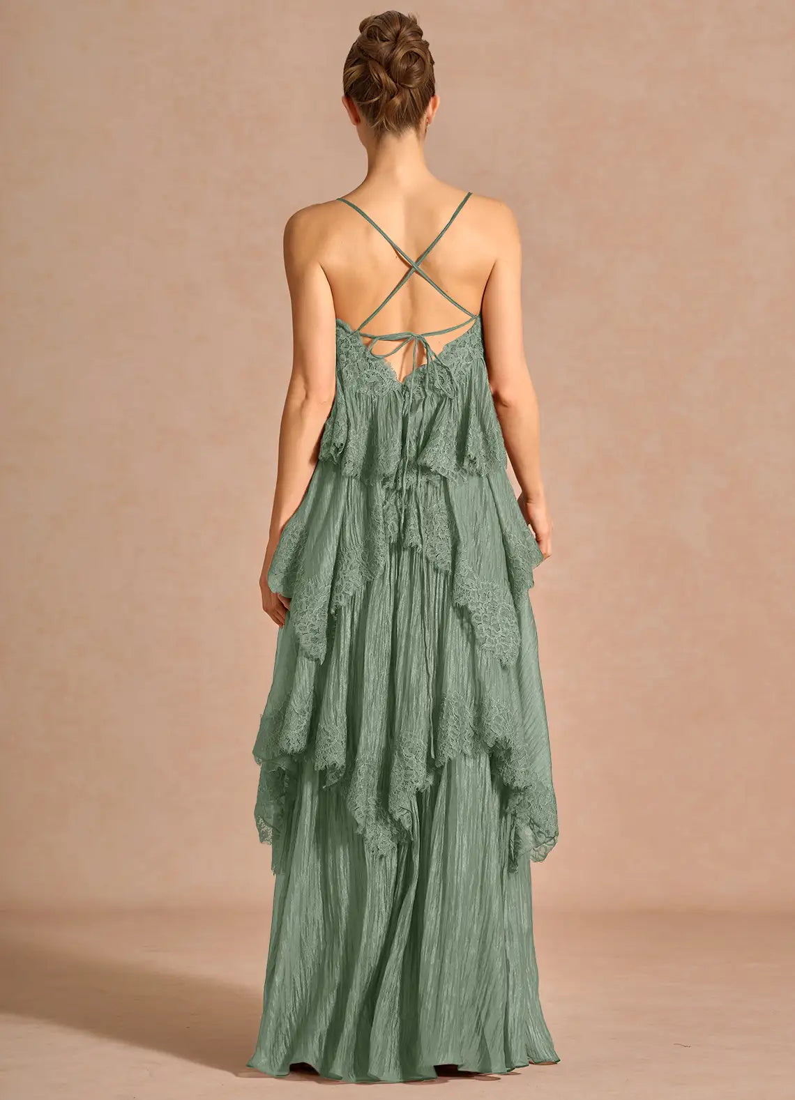 Sage Thin Spaghetti Strap Cross Back Lace Tiered Crinkle Maxi Bridesmaid Dress