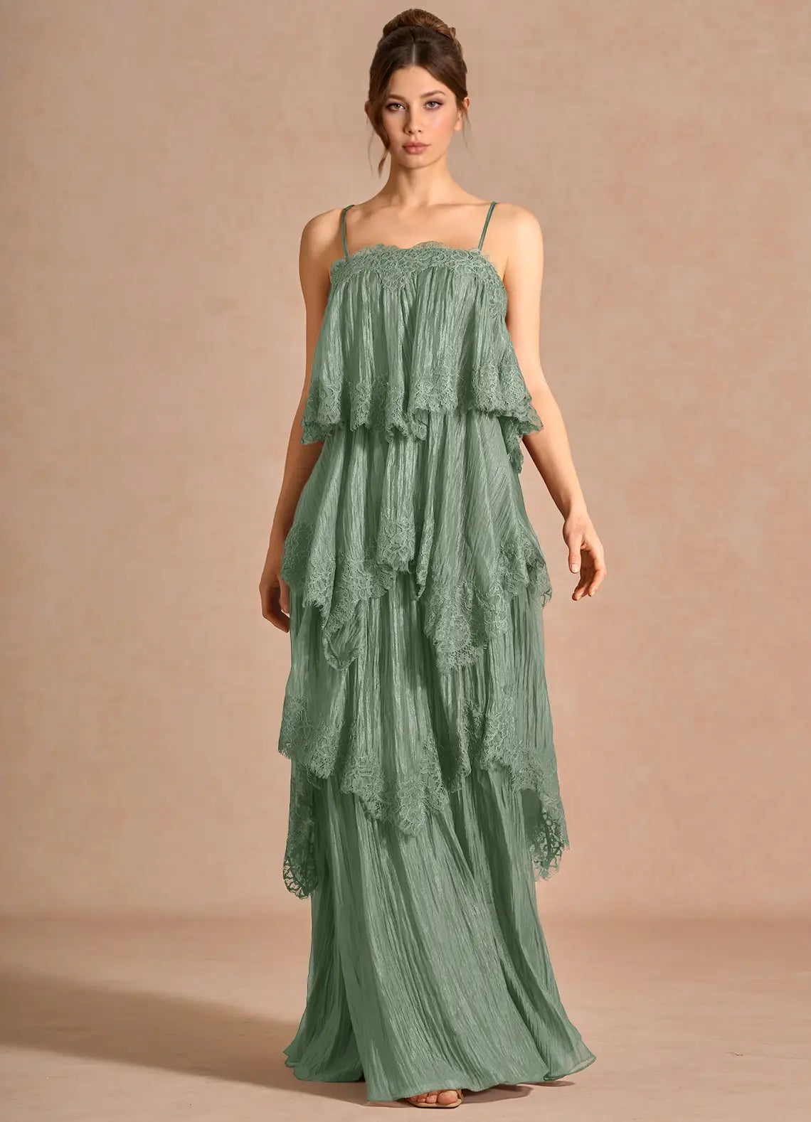 Sage Thin Spaghetti Strap Cross Back Lace Tiered Crinkle Maxi Bridesmaid Dress