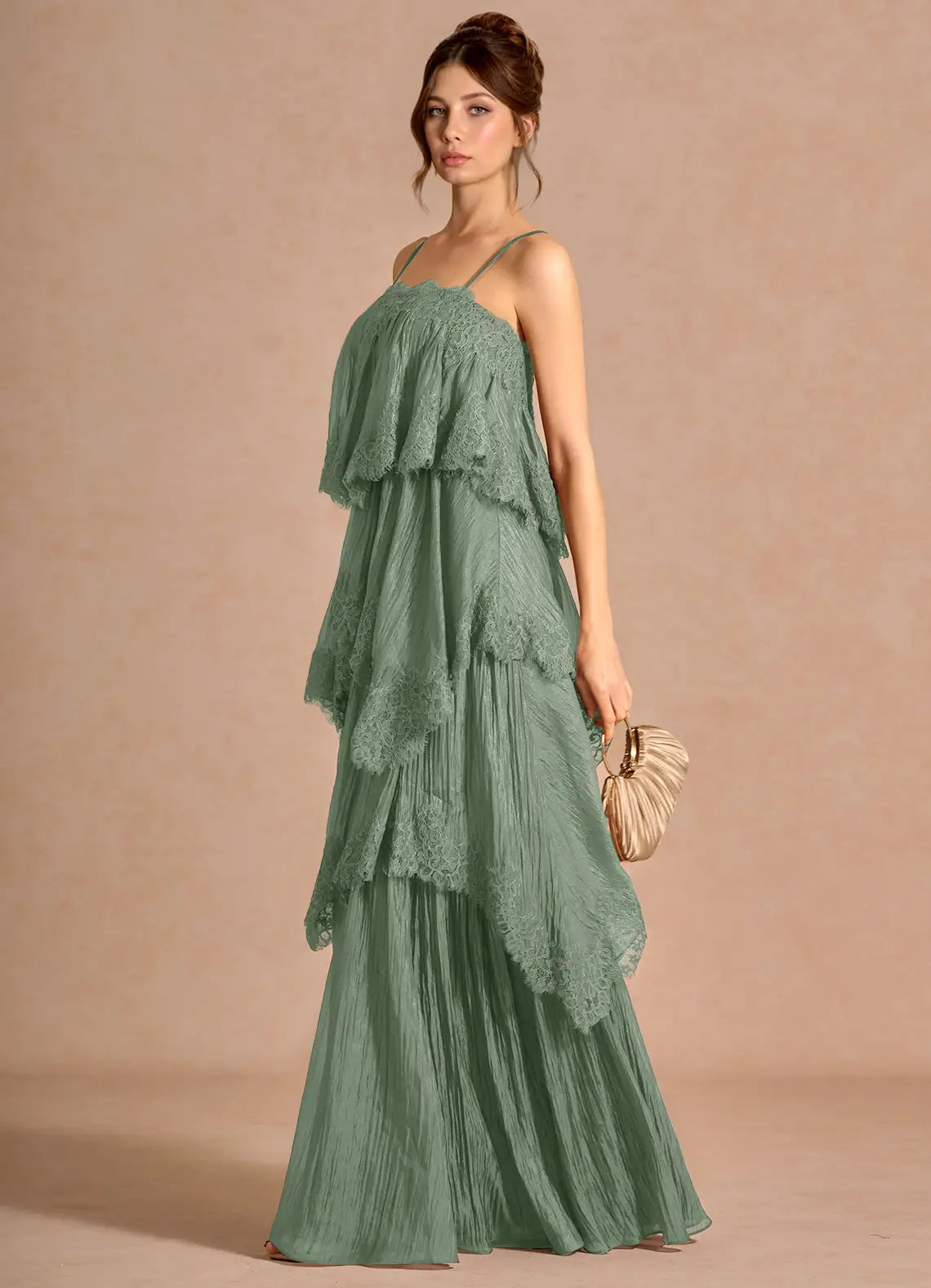 Sage Thin Spaghetti Strap Cross Back Lace Tiered Crinkle Maxi Bridesmaid Dress