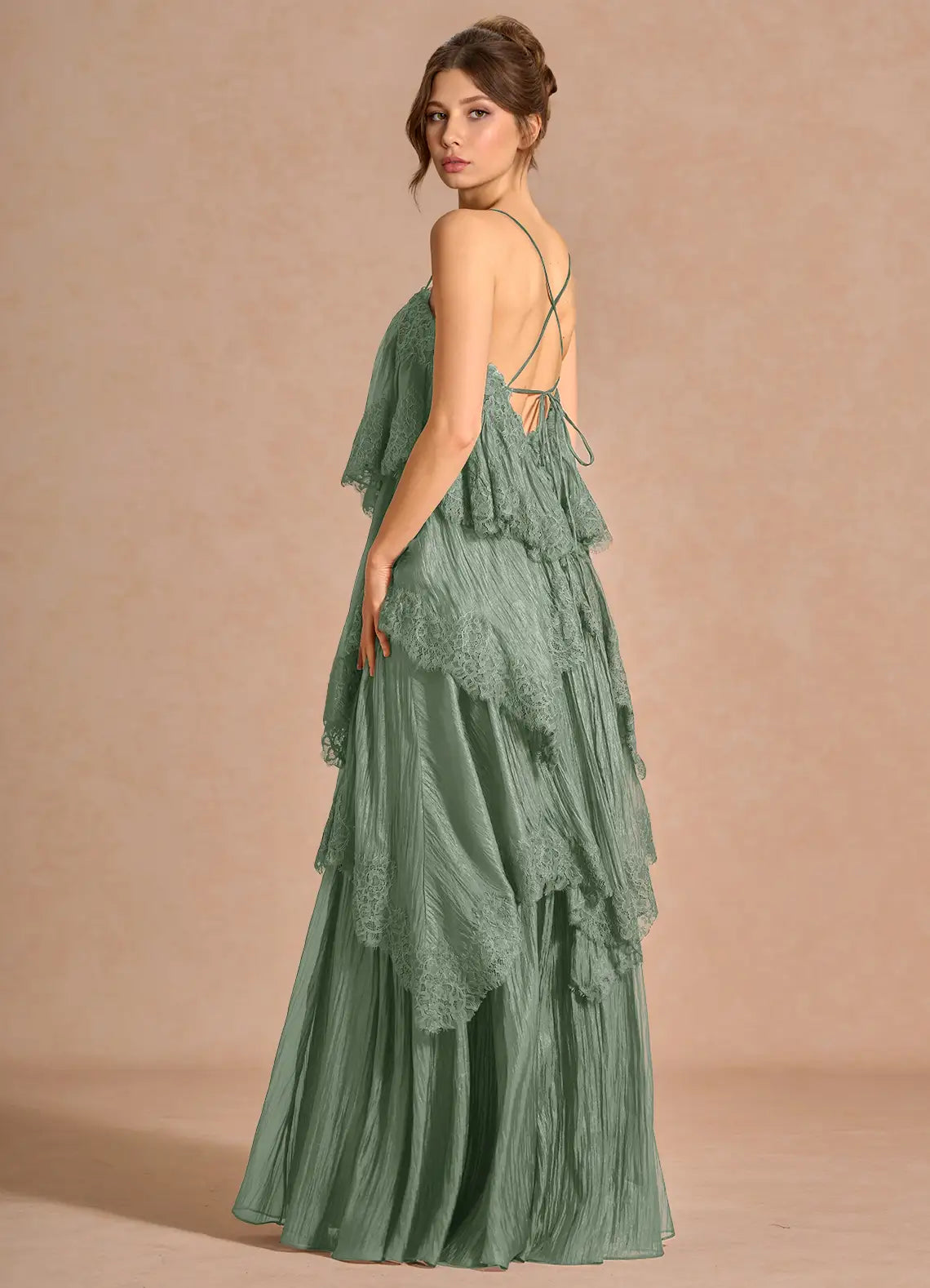 Sage Thin Spaghetti Strap Cross Back Lace Tiered Crinkle Maxi Bridesmaid Dress