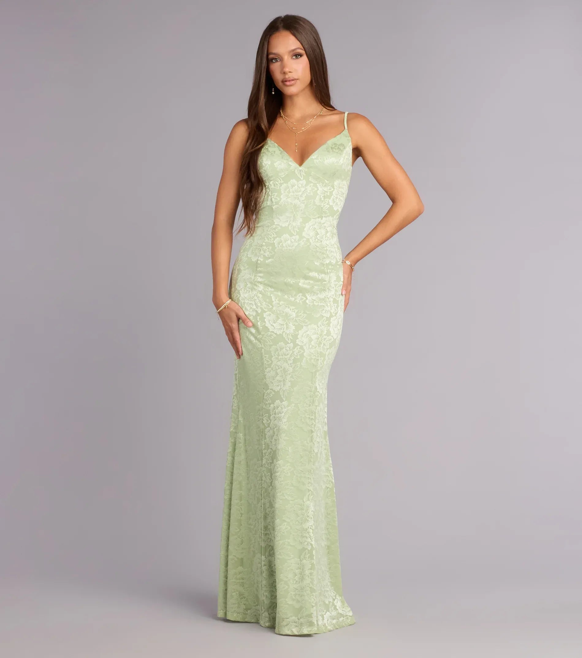 Sage Thin Spaghetti Strap Floral Jacquard Tie Back Mermaid Maxi Bridesmaid Dress
