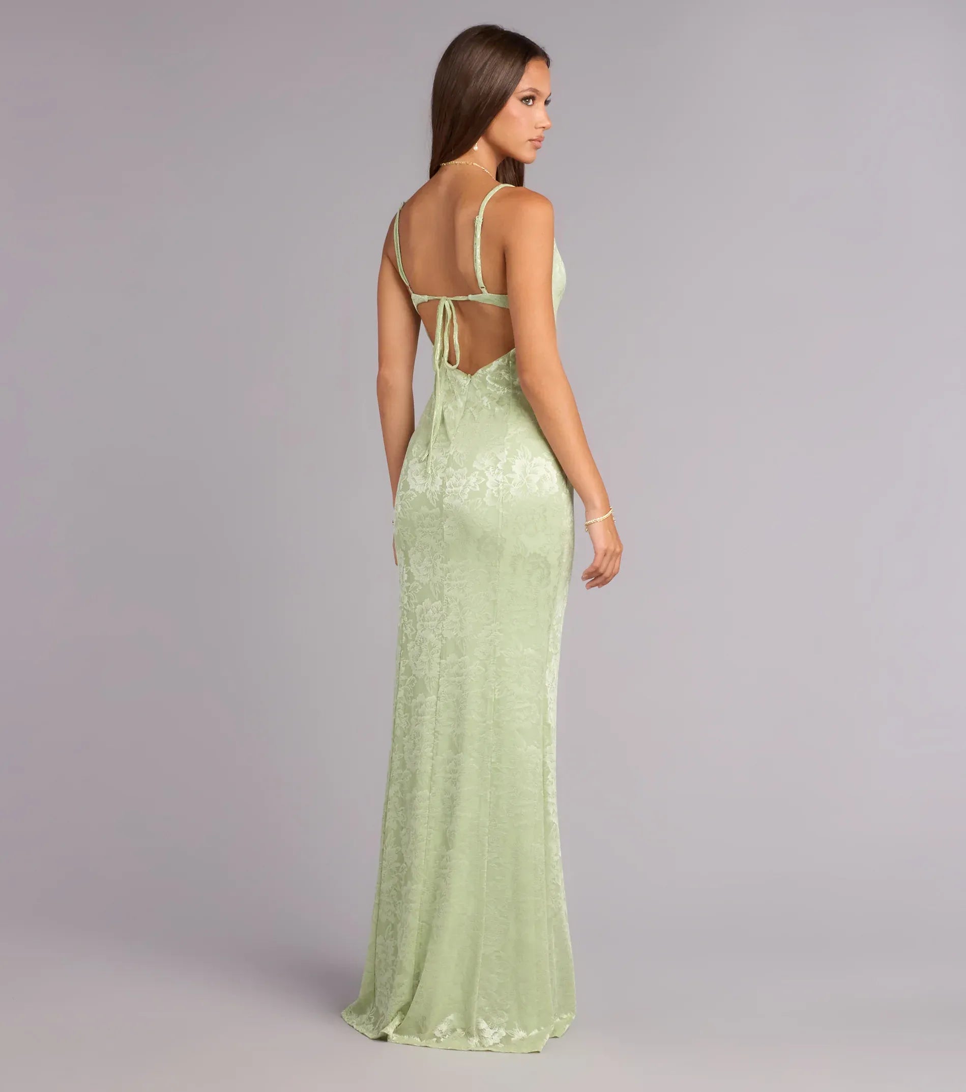 Sage Thin Spaghetti Strap Floral Jacquard Tie Back Mermaid Maxi Bridesmaid Dress