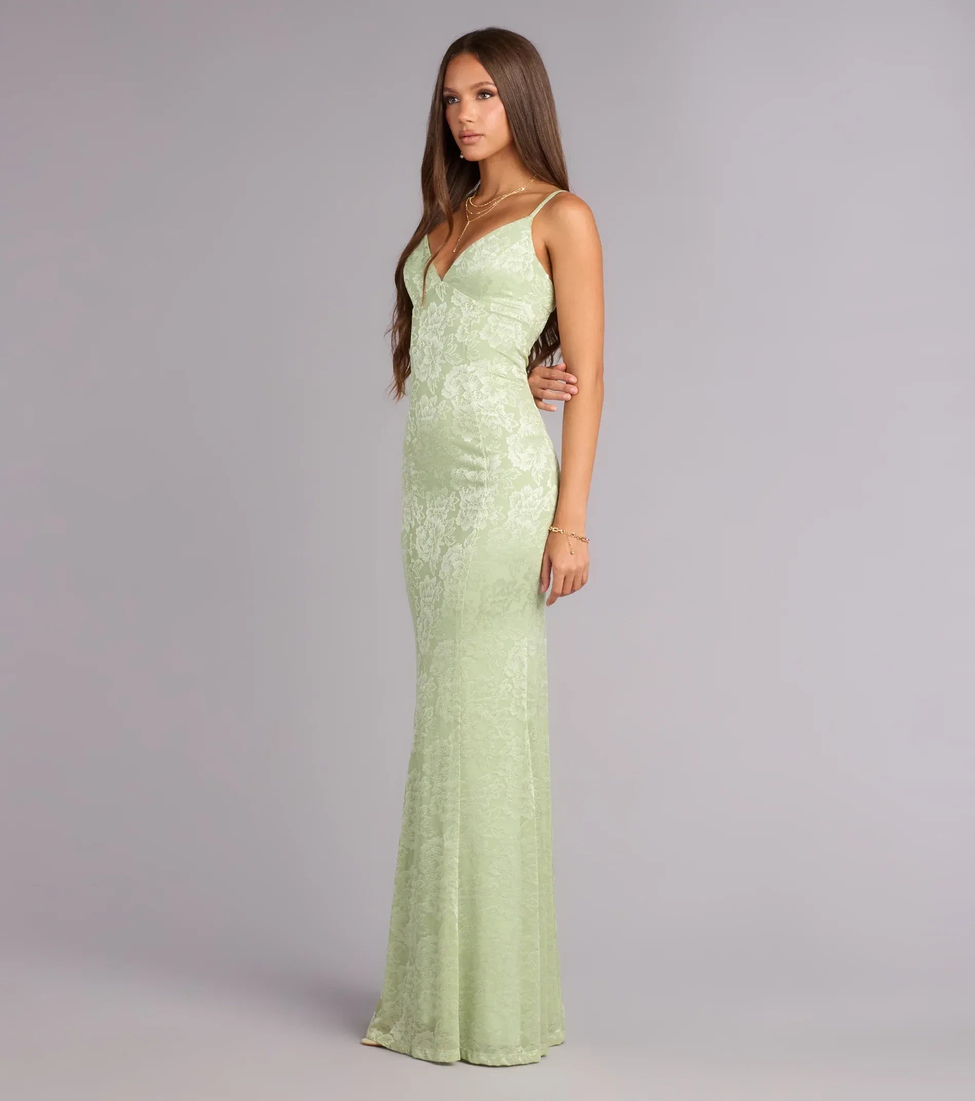 Sage Thin Spaghetti Strap Floral Jacquard Tie Back Mermaid Maxi Bridesmaid Dress