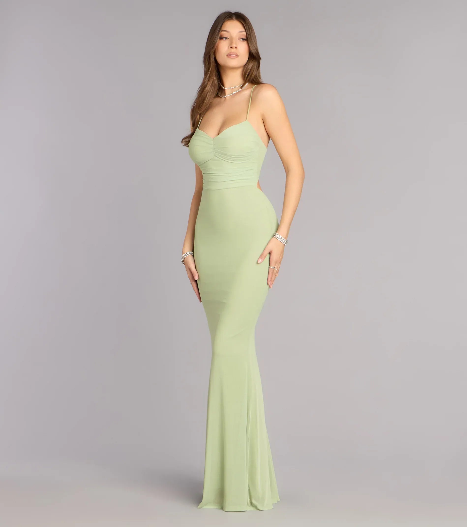 Sage Thin Spaghetti Strap Ruched V Crisscross Lace Up Back Mermaid Maxi Wedding Guest Dress