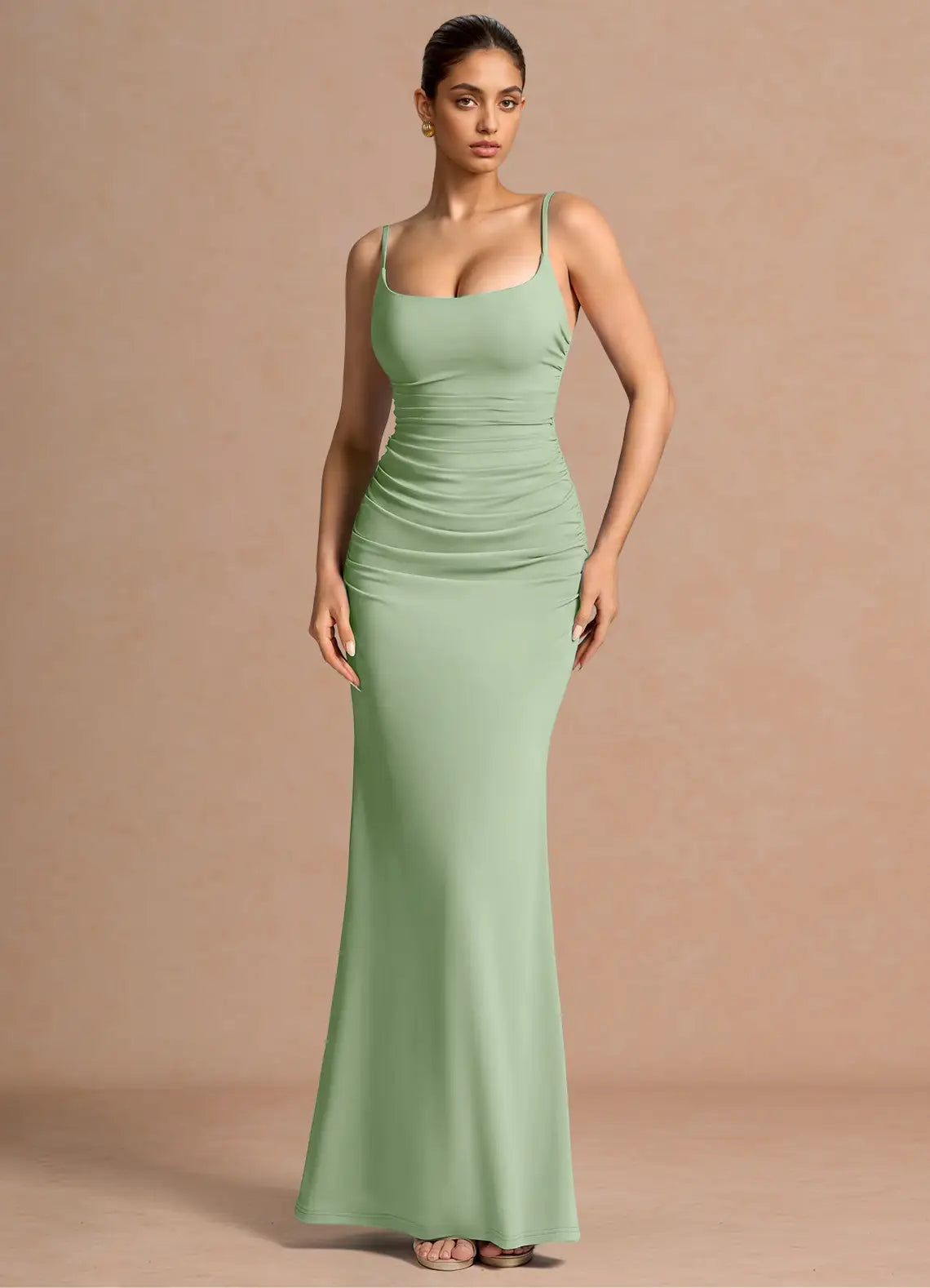 Sage Thin Spaghetti Strap Square Back Ruched Mermaid Maxi Bridesmaid Dress