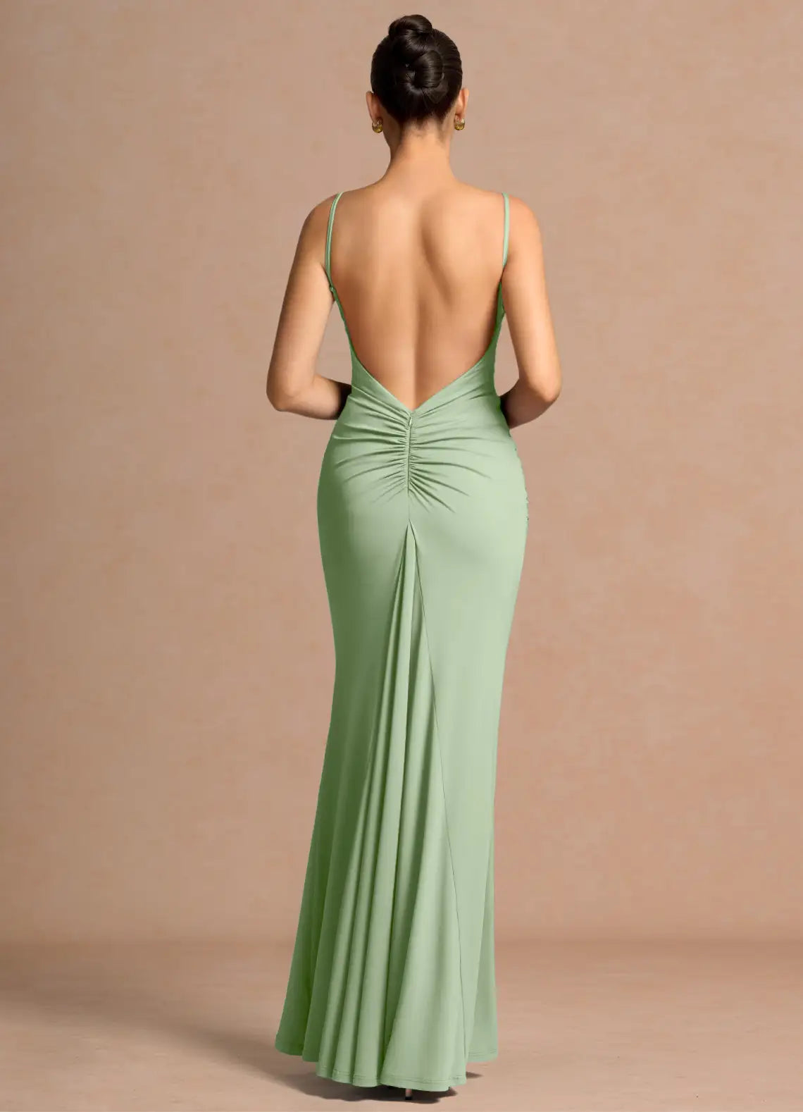 Sage Thin Spaghetti Strap Square Back Ruched Mermaid Maxi Bridesmaid Dress