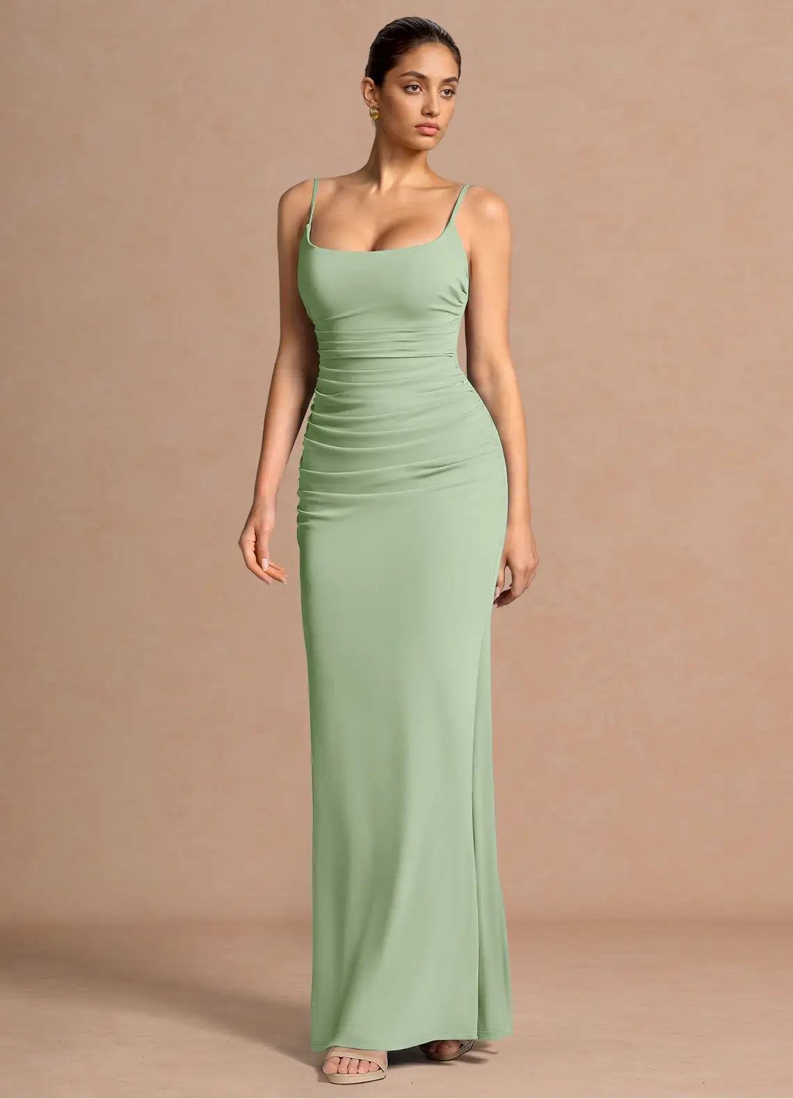 Sage Thin Spaghetti Strap Square Back Ruched Mermaid Maxi Bridesmaid Dress