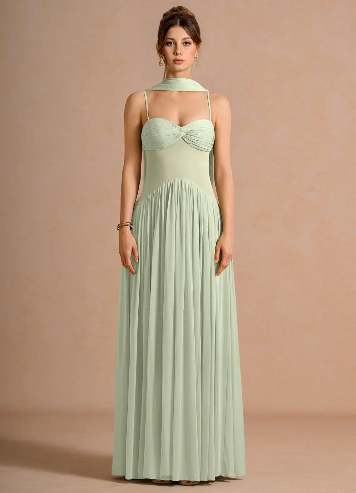 Sage Thin Spaghetti Strap Twist Bust Convertible Scarf Chiffon Maxi Bridesmaid Dress